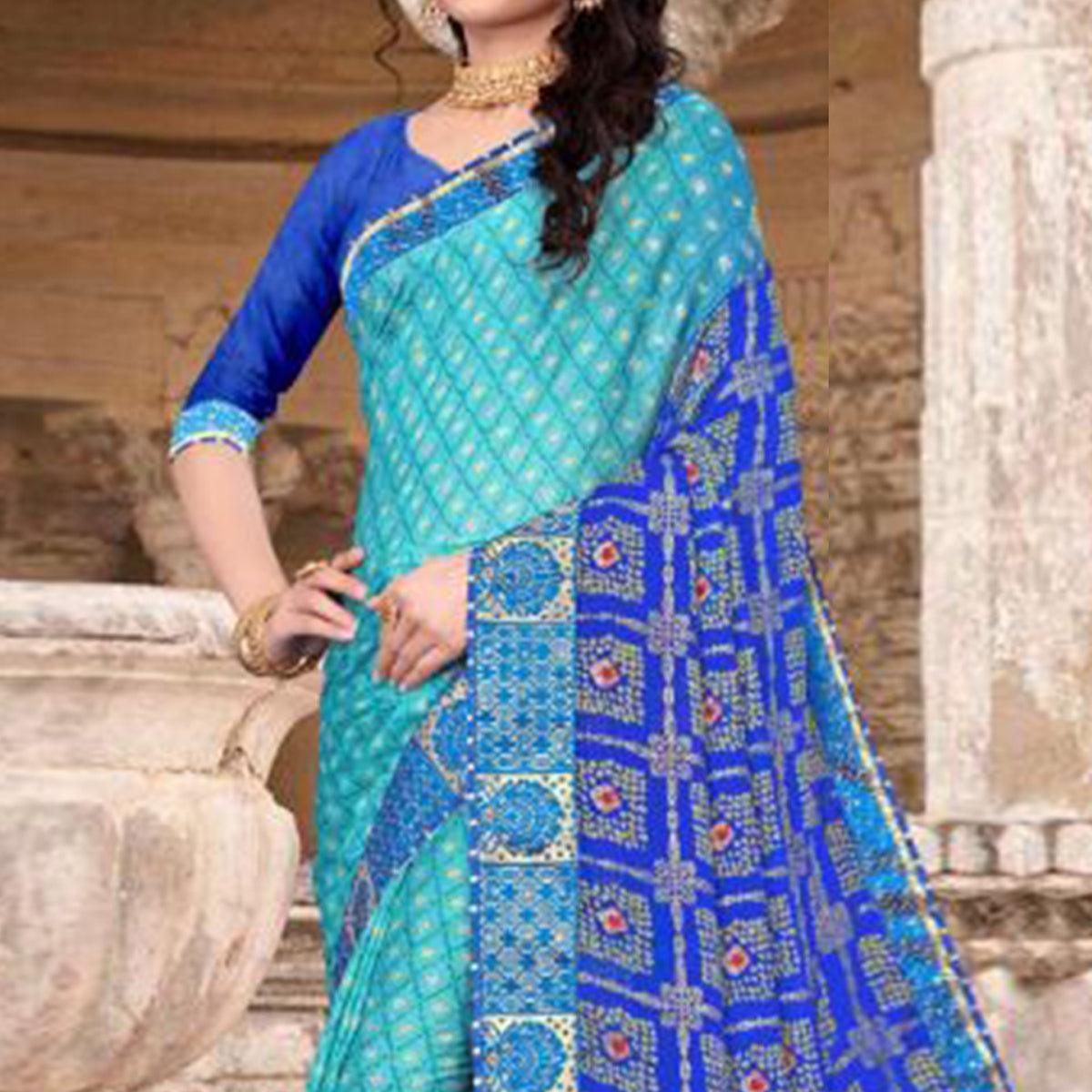 Sky Blue & Blue Festive Wear Bandhani Printed Chiffon Saree With Diamond Border - Peachmode