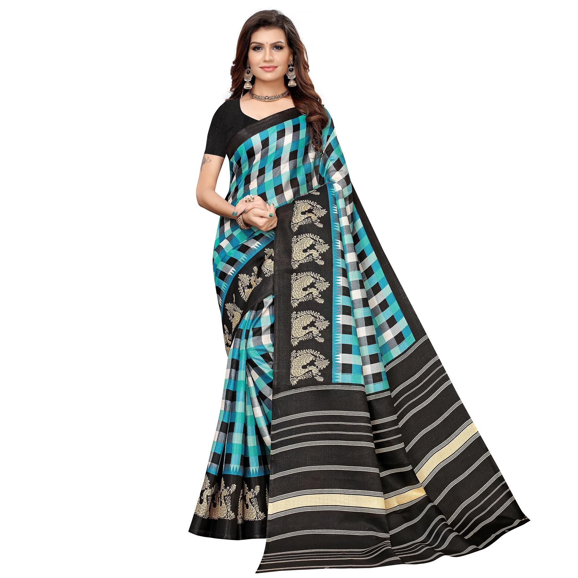 Sky Blue-Black Colored Casual Printed Jute Saree - Peachmode