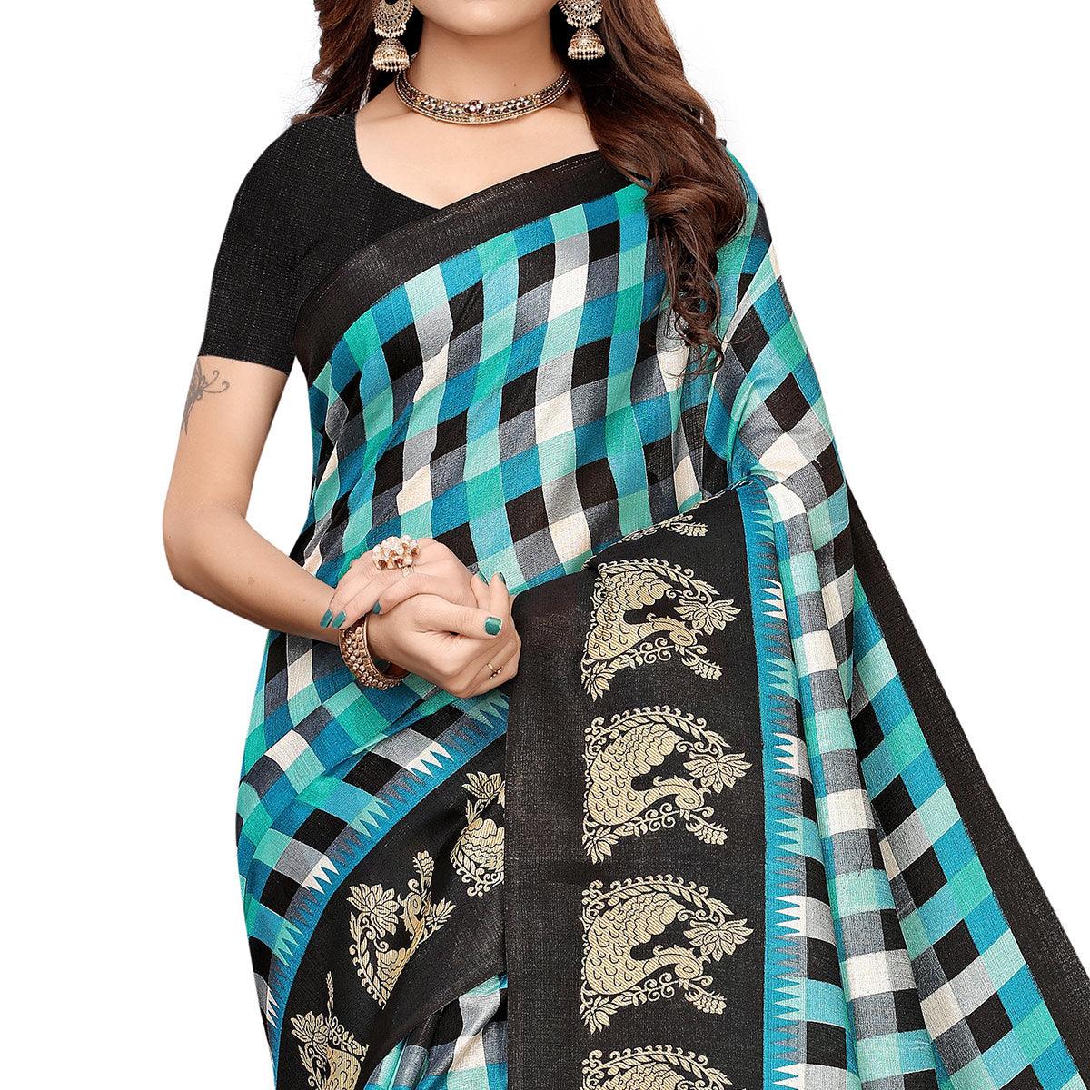 Sky Blue-Black Colored Casual Printed Jute Saree - Peachmode