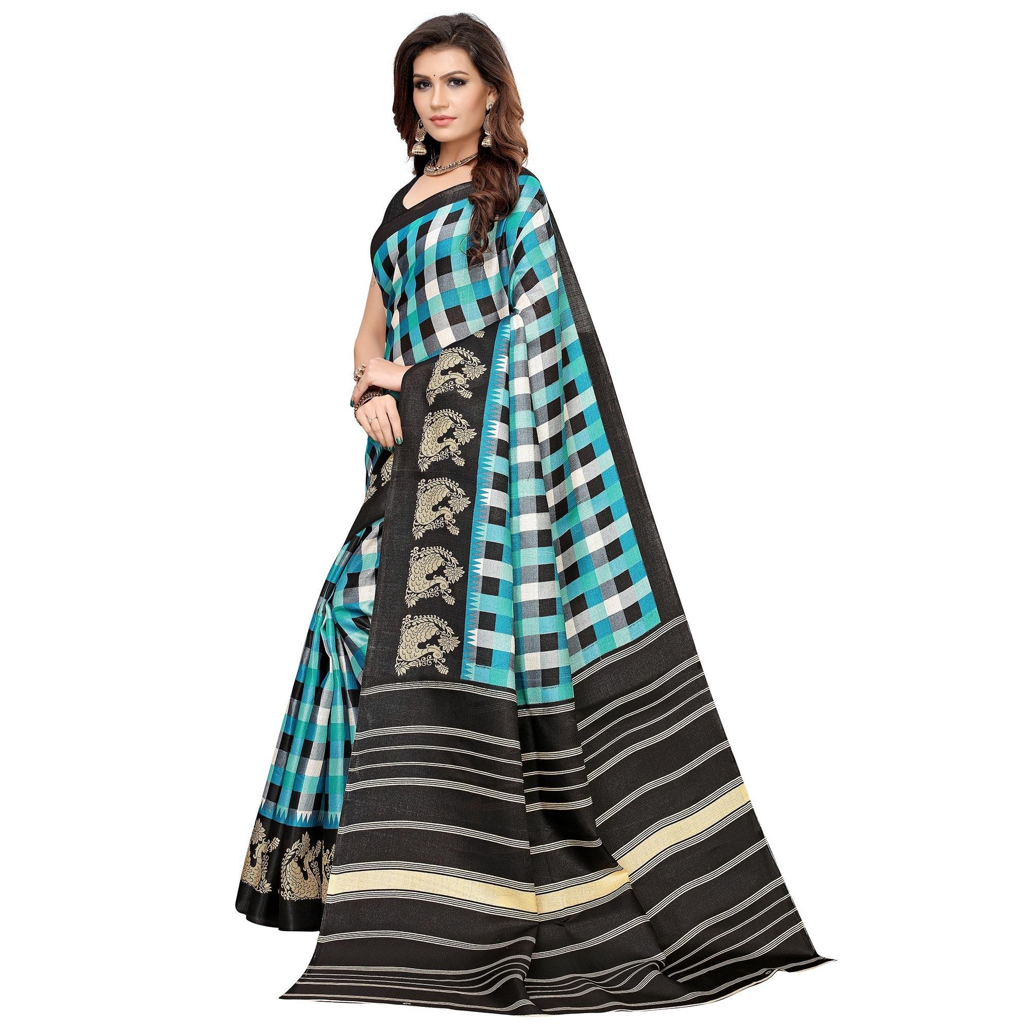 Sky Blue-Black Colored Casual Printed Jute Saree - Peachmode