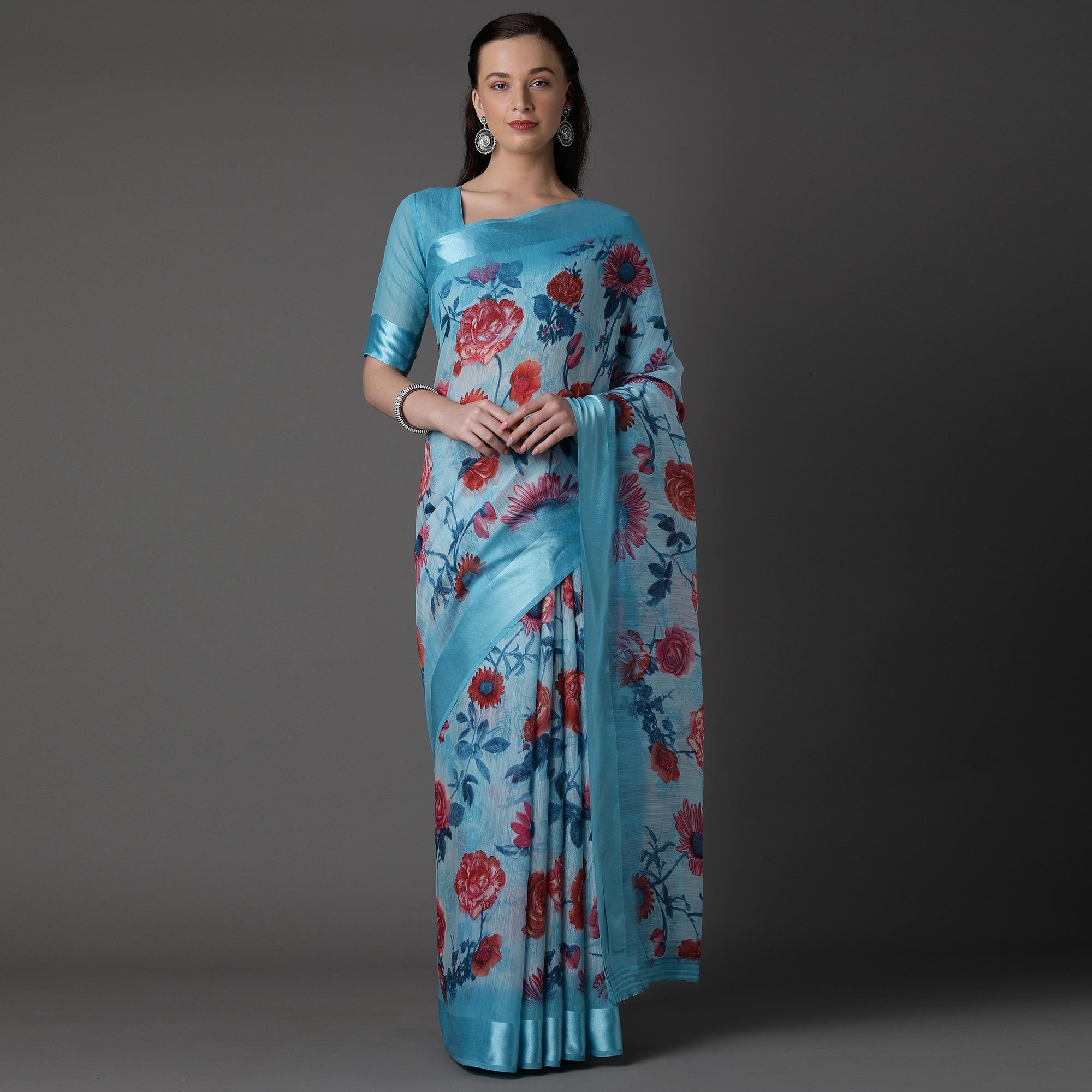 Sky Blue Casual Cotton Silk with Satin Patta Printed Saree With Unstitched Blouse - Peachmode