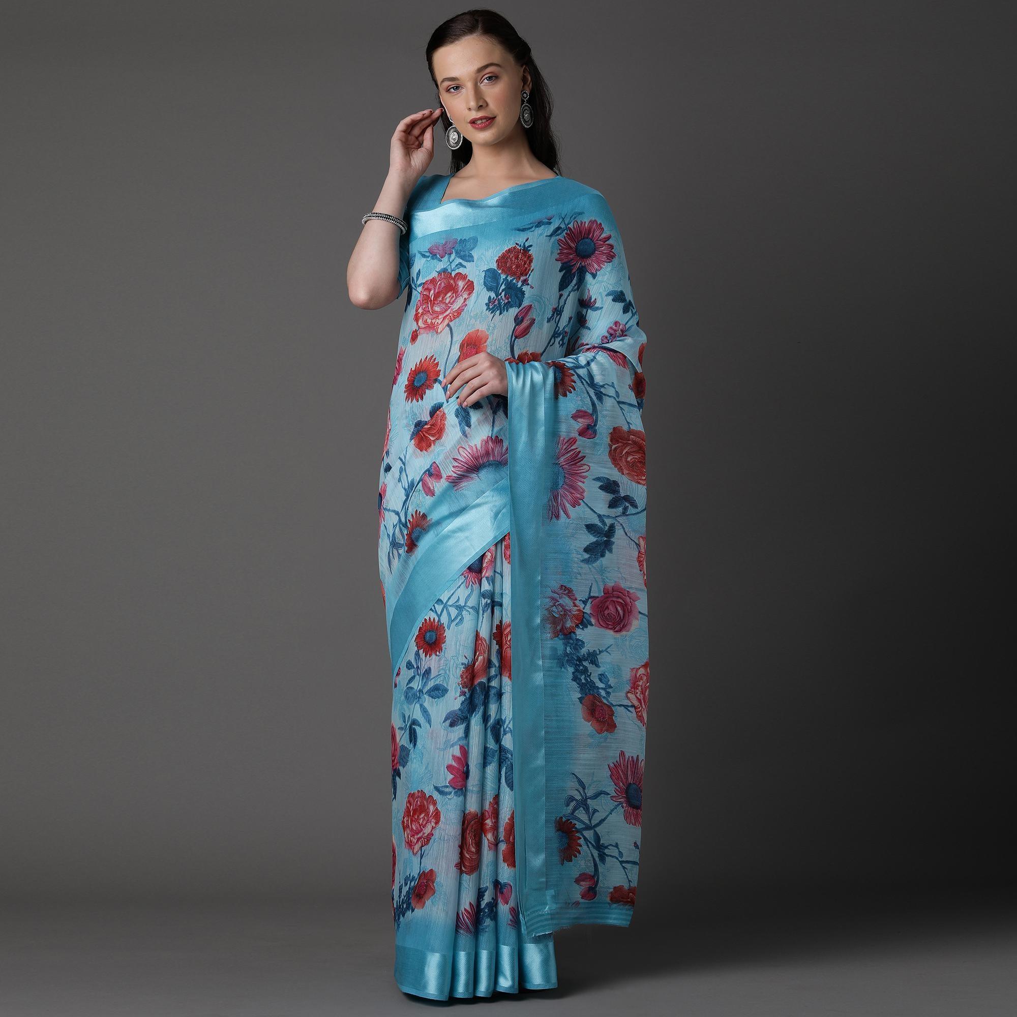 Sky Blue Casual Cotton Silk with Satin Patta Printed Saree With Unstitched Blouse - Peachmode