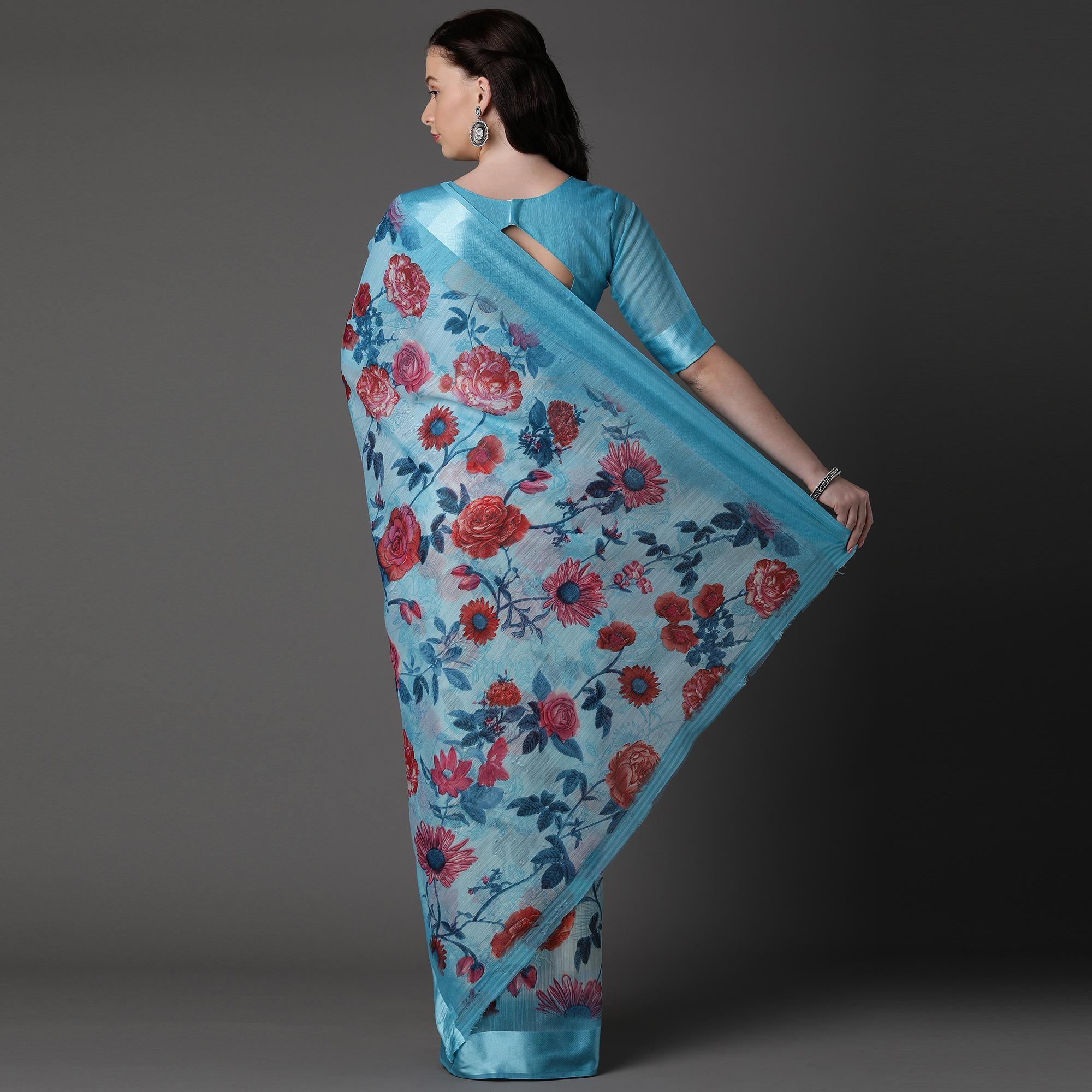 Sky Blue Casual Cotton Silk with Satin Patta Printed Saree With Unstitched Blouse - Peachmode