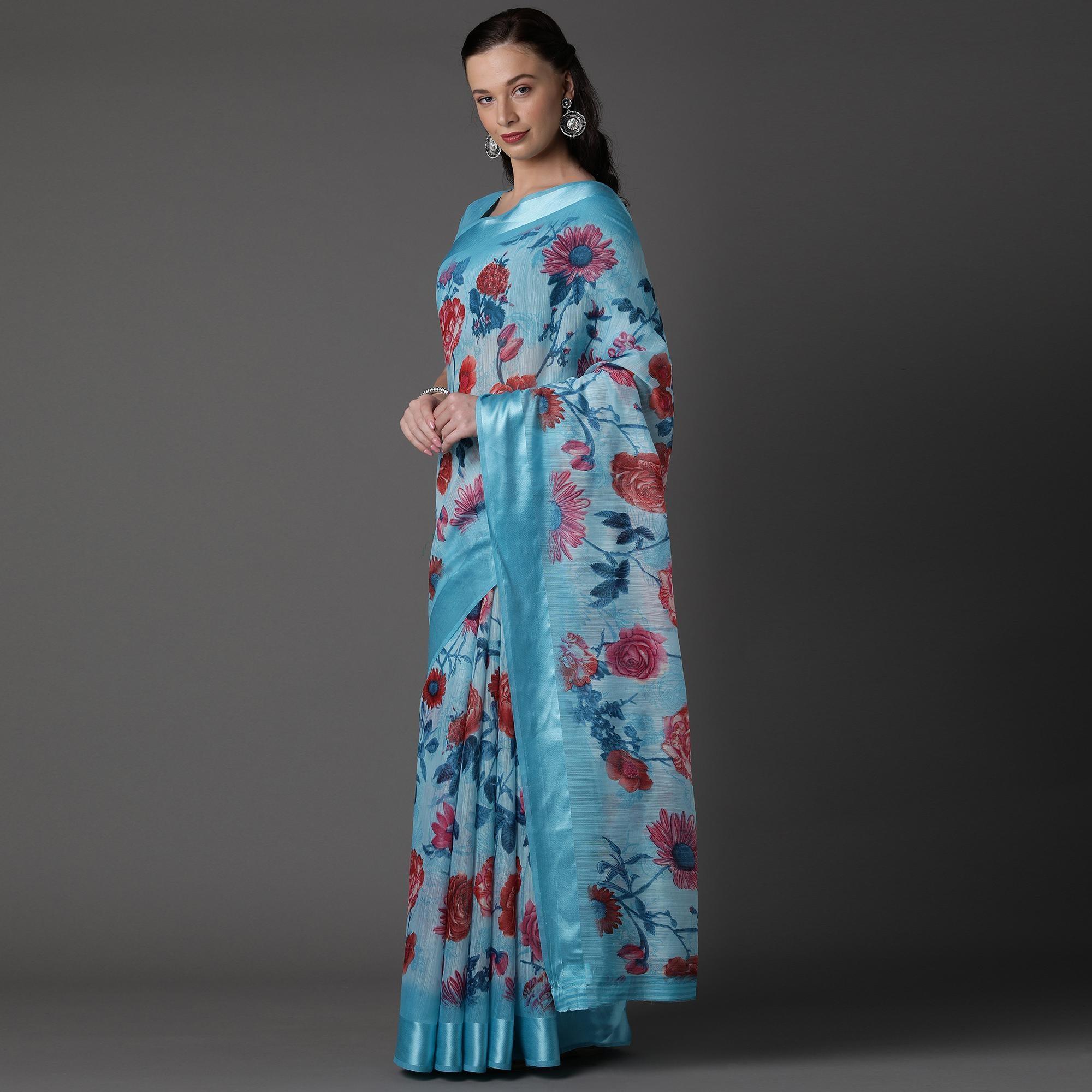 Sky Blue Casual Cotton Silk with Satin Patta Printed Saree With Unstitched Blouse - Peachmode