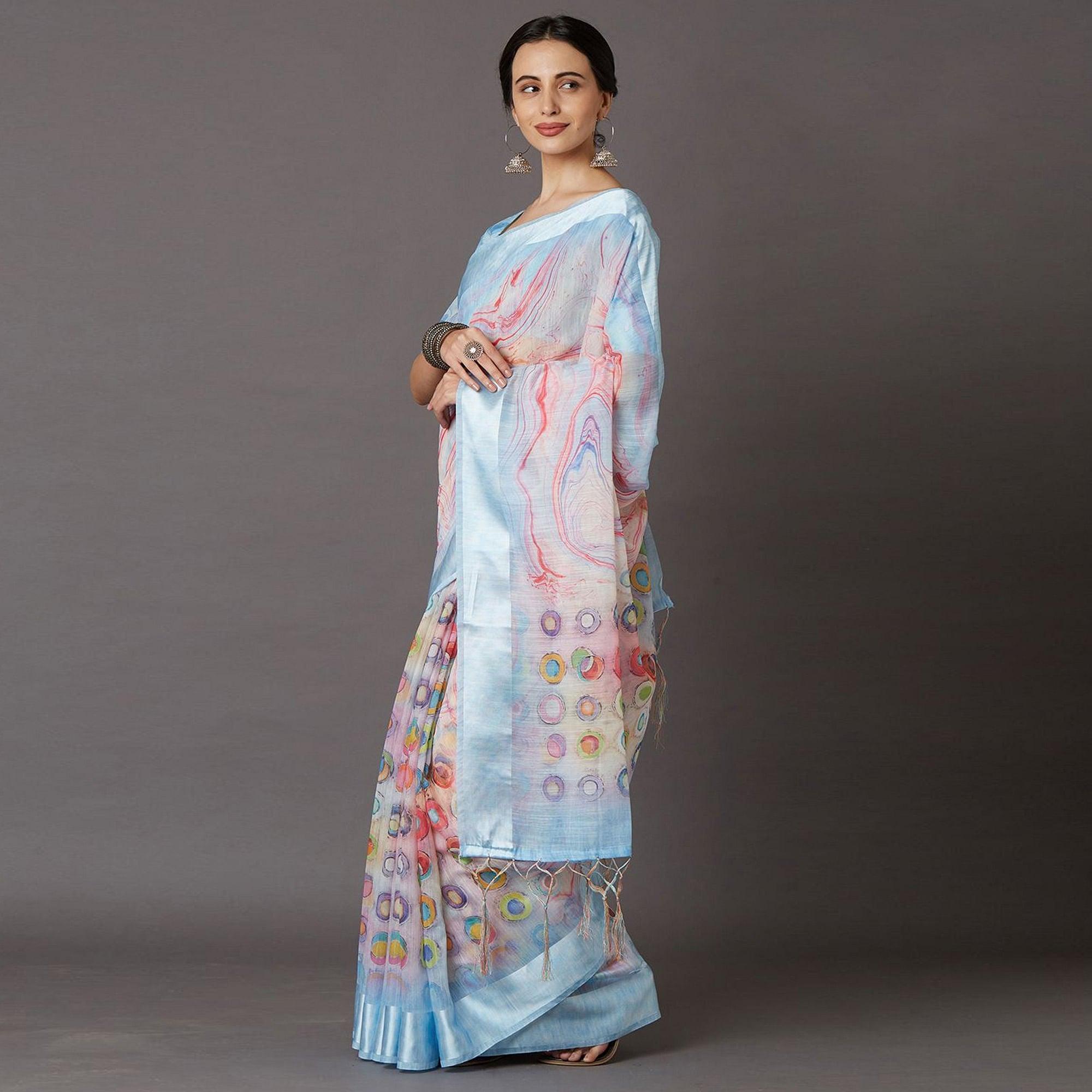 Sky Blue Casual Linen Blend Printed Saree With Unstitched Blouse - Peachmode