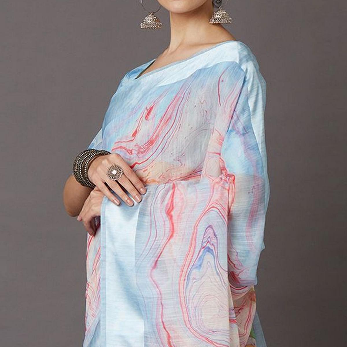 Sky Blue Casual Linen Blend Printed Saree With Unstitched Blouse - Peachmode
