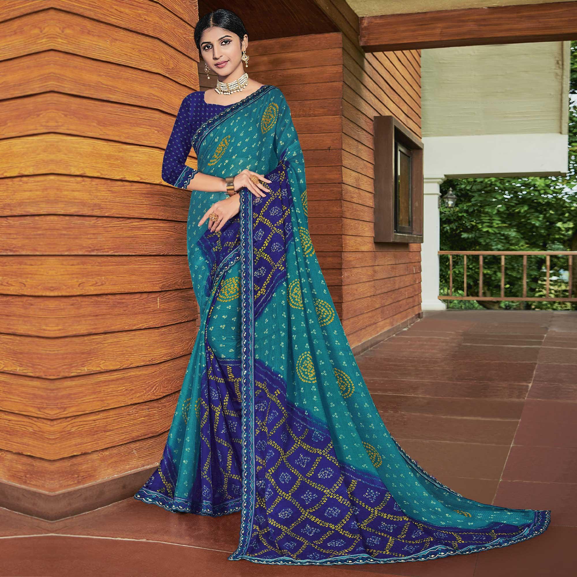 Sky Blue Casual Wear Bandhani Printed Chiffon Saree - Peachmode