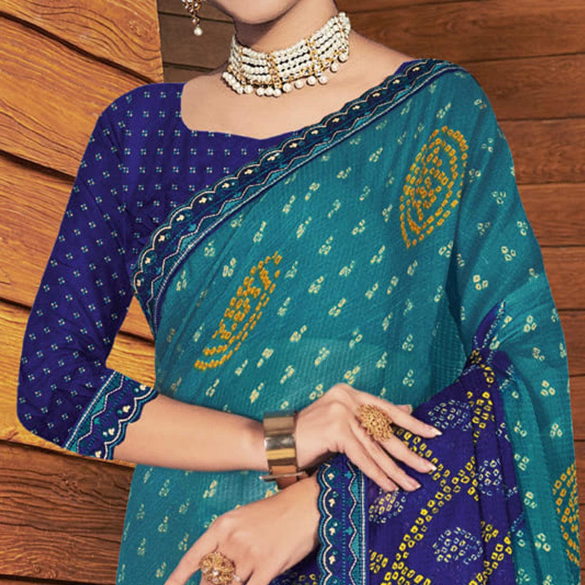 Sky Blue Casual Wear Bandhani Printed Chiffon Saree - Peachmode