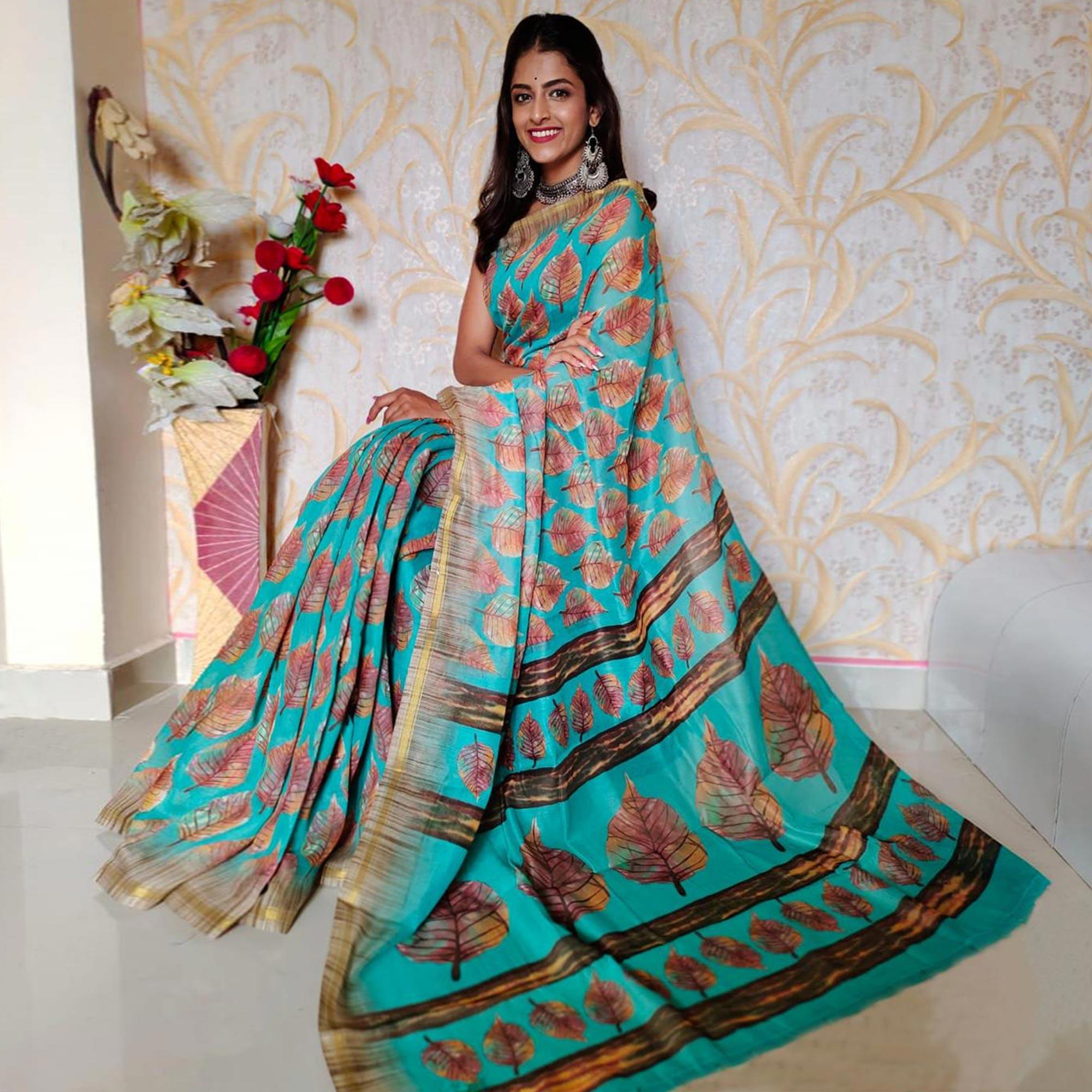 Sky Blue Casual Wear Digital Printed Chanderi Silk Saree - Peachmode