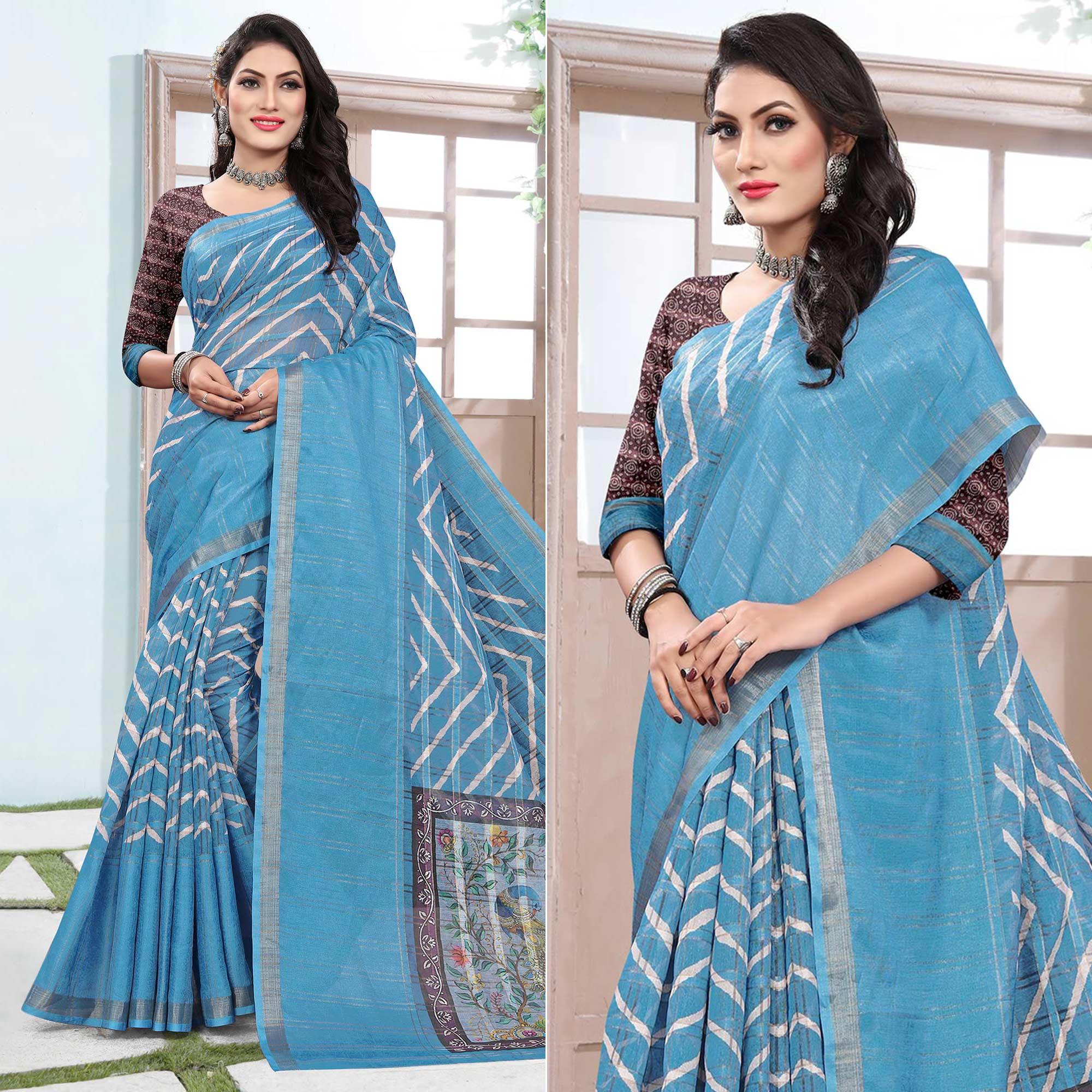 Sky Blue Casual Wear Digital Printed Cotton Silk Saree - Peachmode