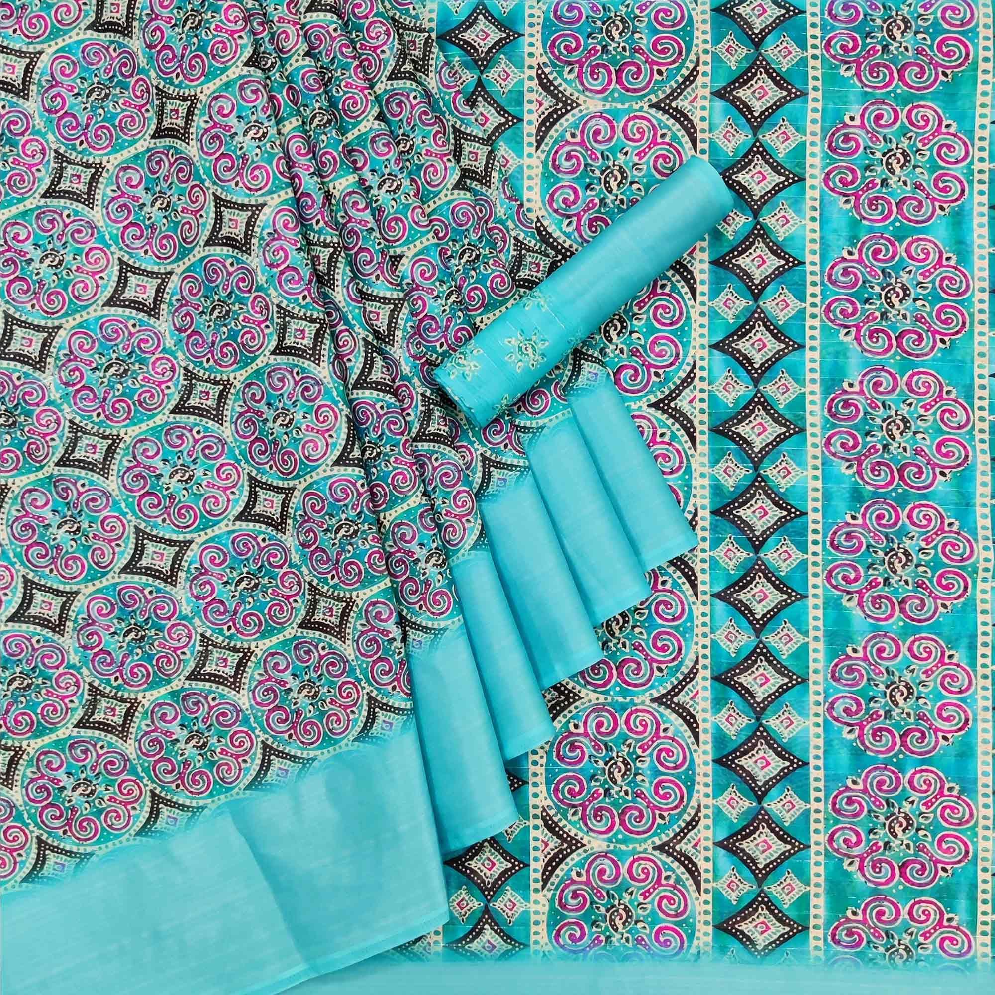 Sky Blue Casual Wear Digital Printed Cotton Silk Saree - Peachmode