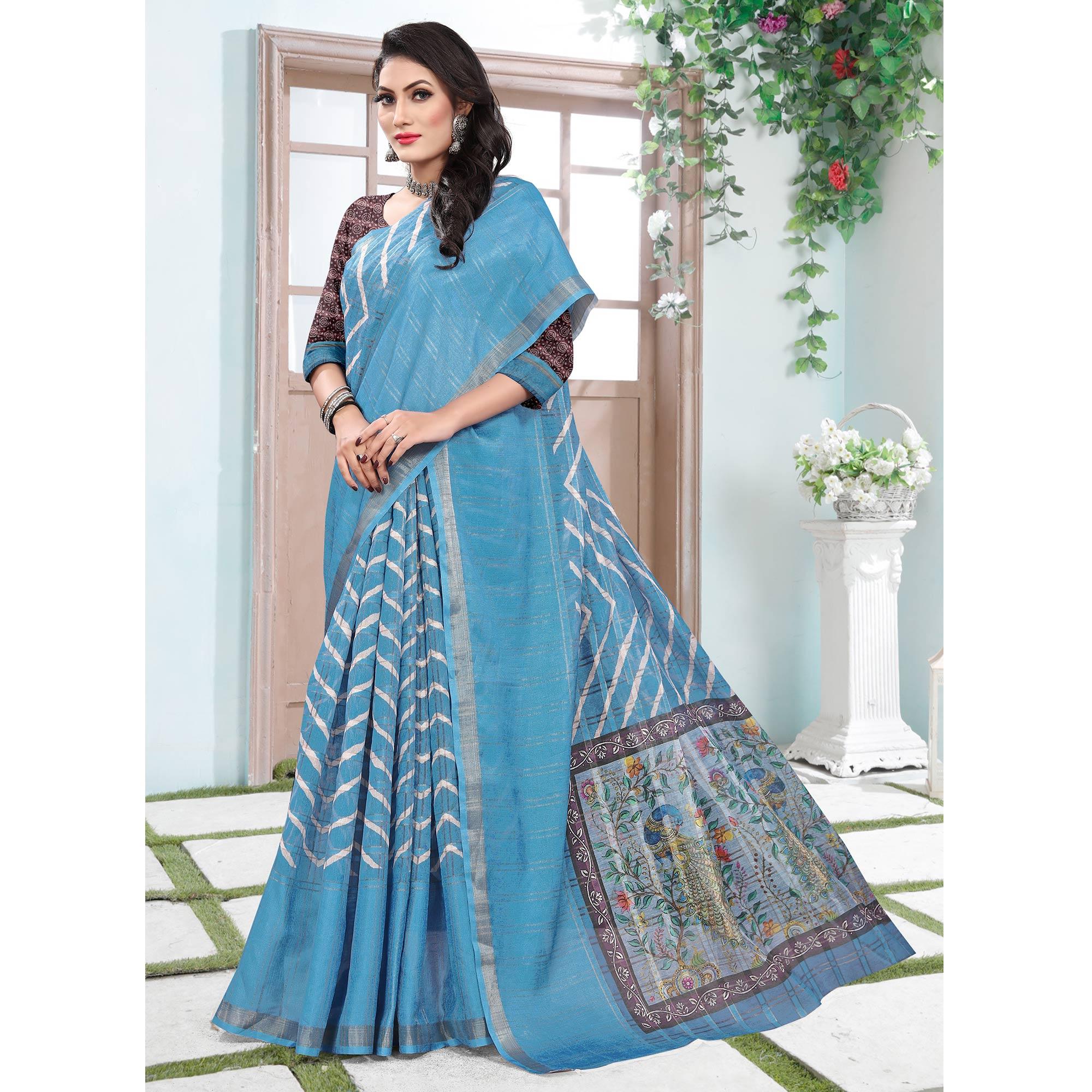 Sky Blue Casual Wear Digital Printed Cotton Silk Saree - Peachmode