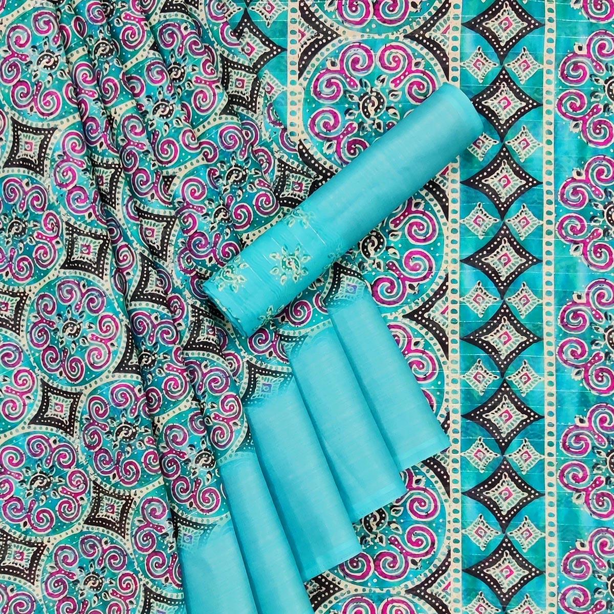 Sky Blue Casual Wear Digital Printed Cotton Silk Saree - Peachmode