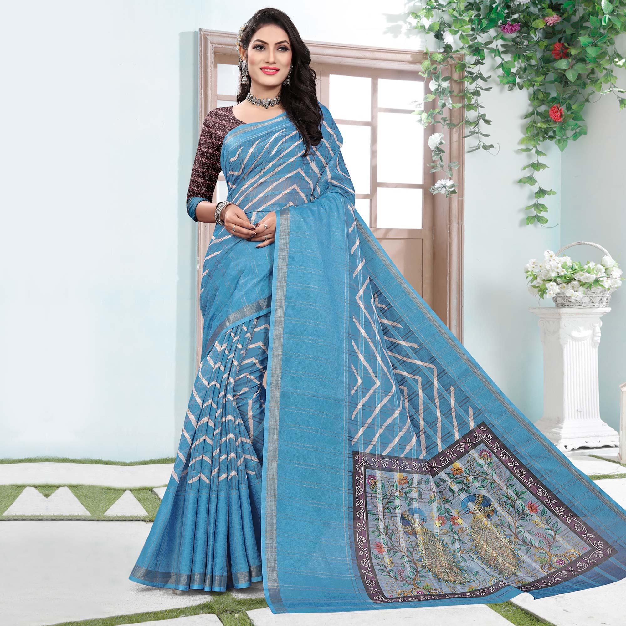 Sky Blue Casual Wear Digital Printed Cotton Silk Saree - Peachmode