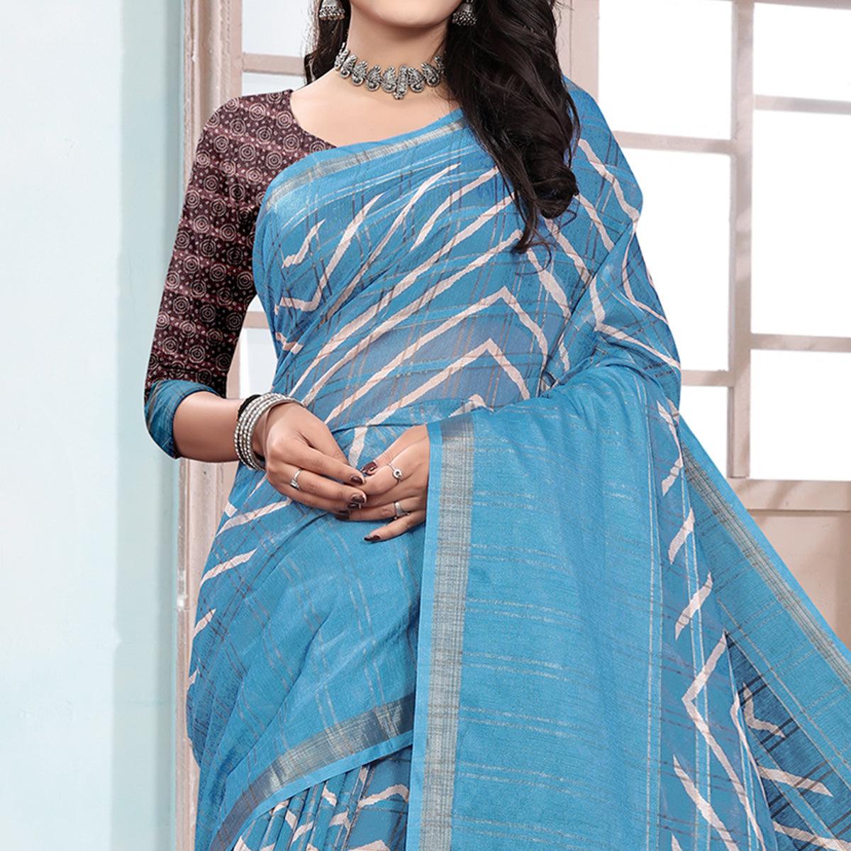 Sky Blue Casual Wear Digital Printed Cotton Silk Saree - Peachmode