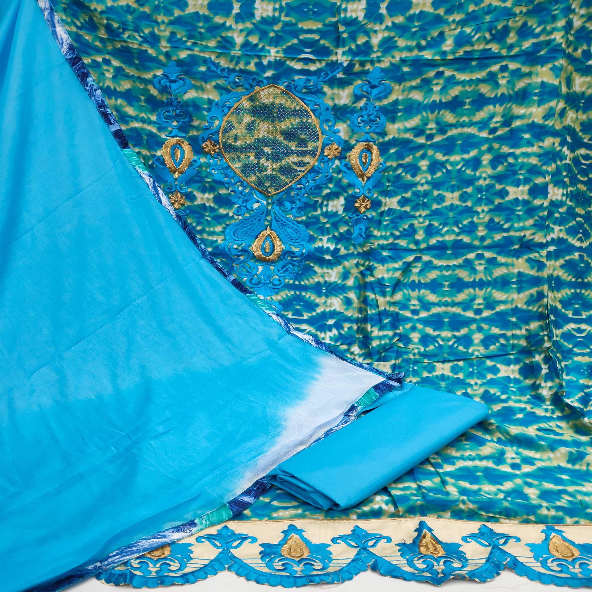 Sky Blue Casual Wear Embroidered Cotton Dress Material - Peachmode