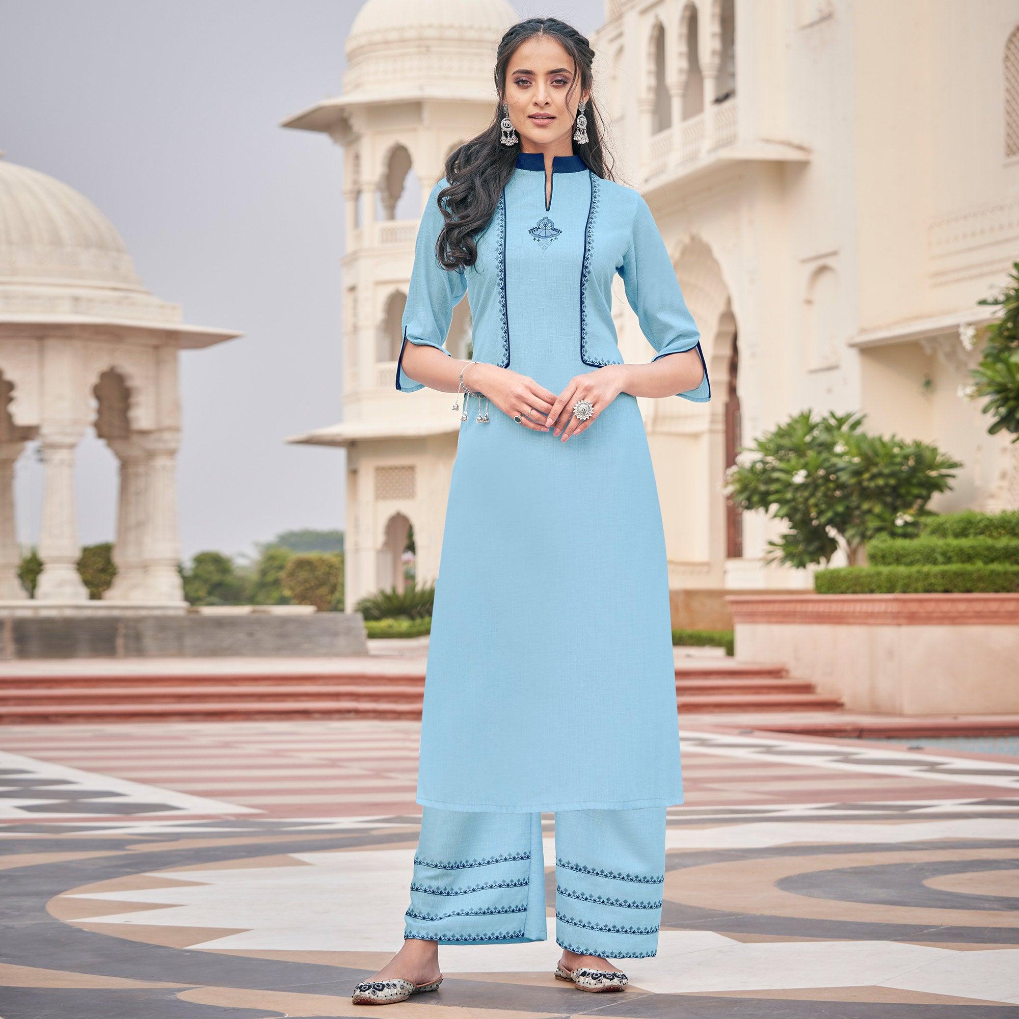 Sky Blue Casual Wear Embroidered Cotton Palazzo Suit - Peachmode