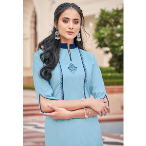 Sky Blue Casual Wear Embroidered Cotton Palazzo Suit - Peachmode