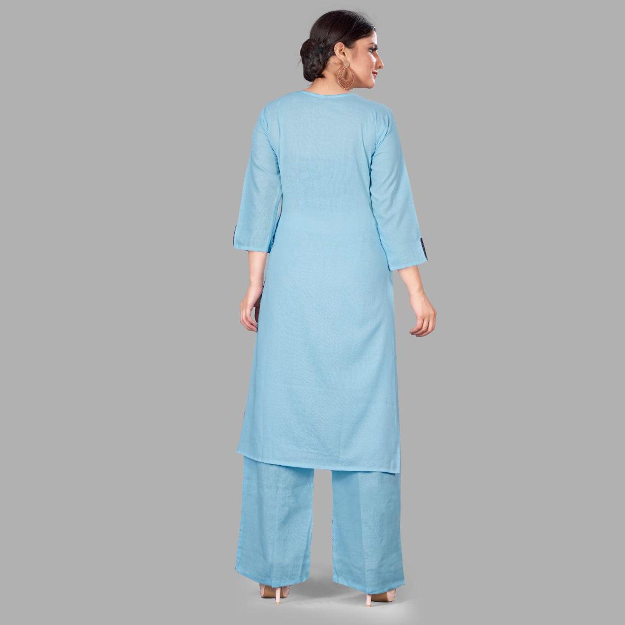 Sky Blue Casual Wear Embroidered Cotton Palazzo Suit - Peachmode