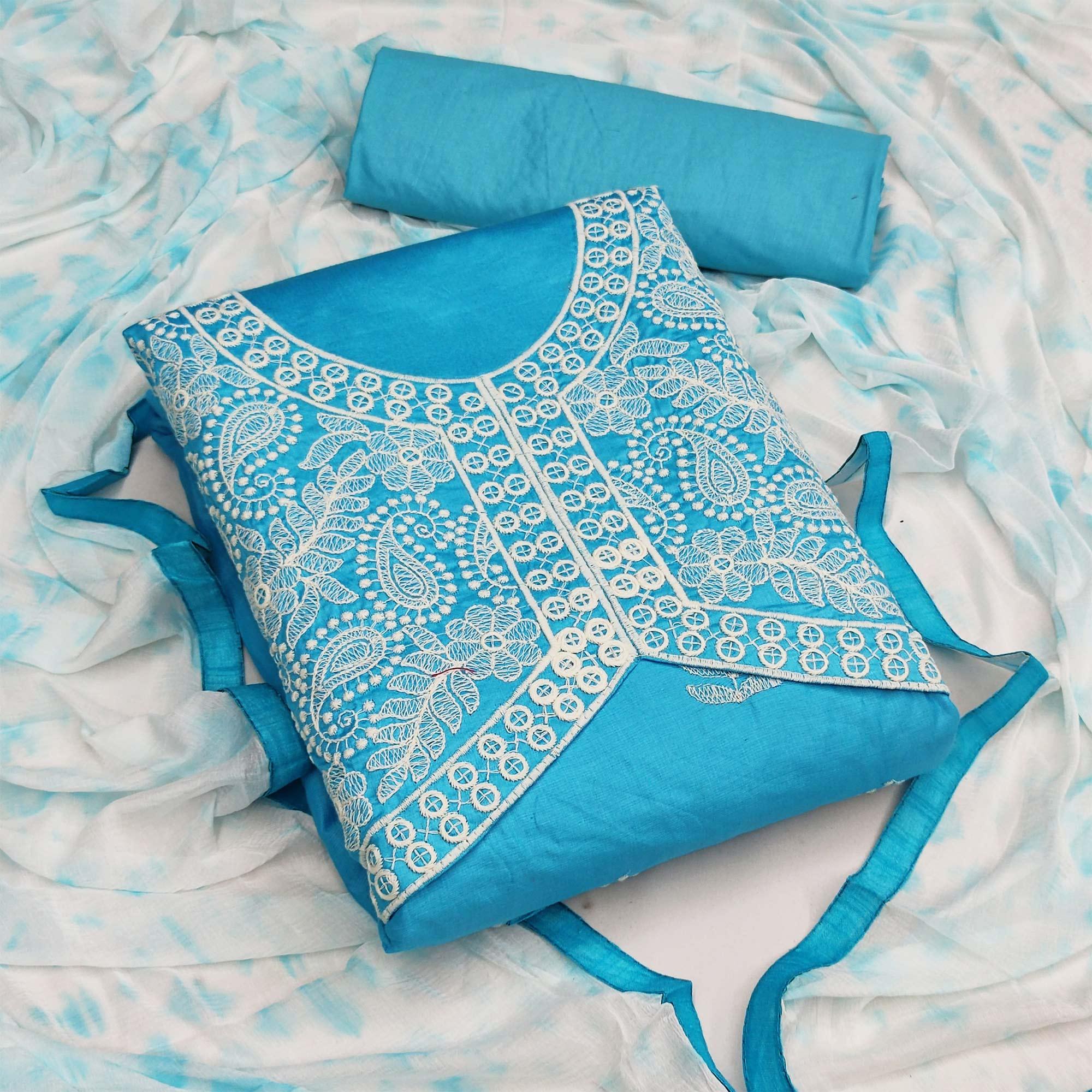 Sky Blue Casual Wear Embroidered Work Cotton Dress Material - Peachmode