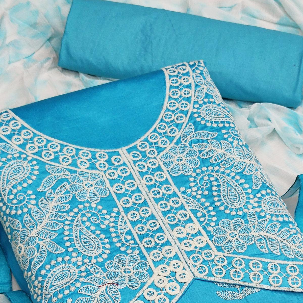 Sky Blue Casual Wear Embroidered Work Cotton Dress Material - Peachmode
