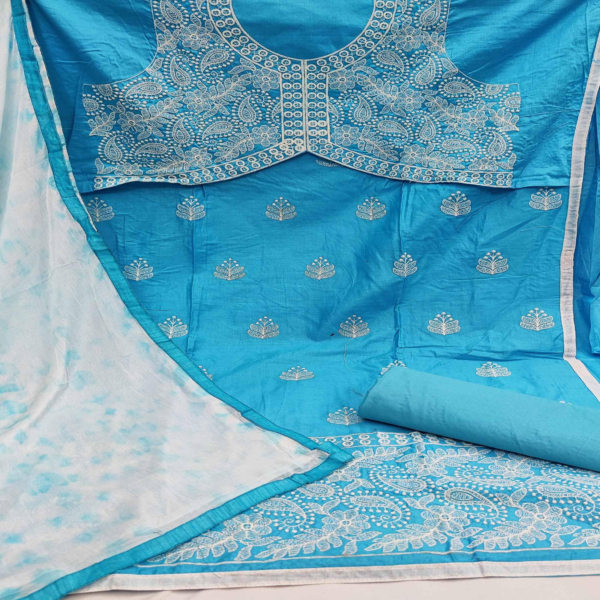 Sky Blue Casual Wear Embroidered Work Cotton Dress Material - Peachmode