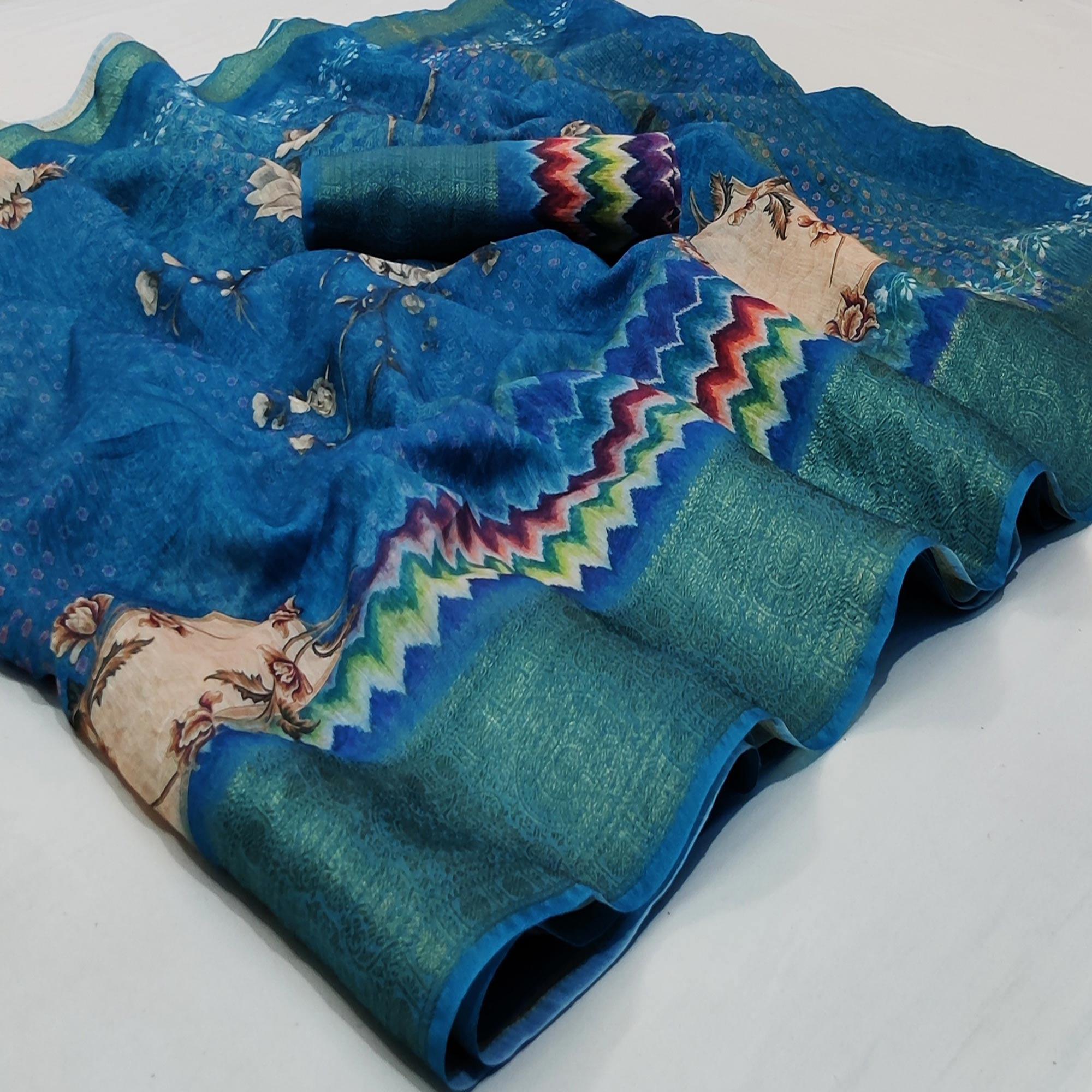 Sky Blue Casual Wear Floral Digital Print With Woven Border Linen Saree - Peachmode