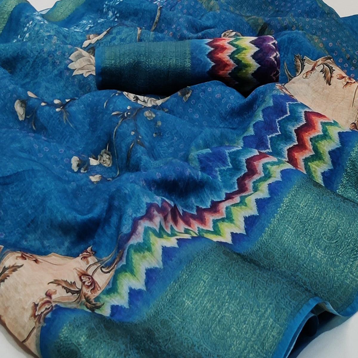 Sky Blue Casual Wear Floral Digital Print With Woven Border Linen Saree - Peachmode