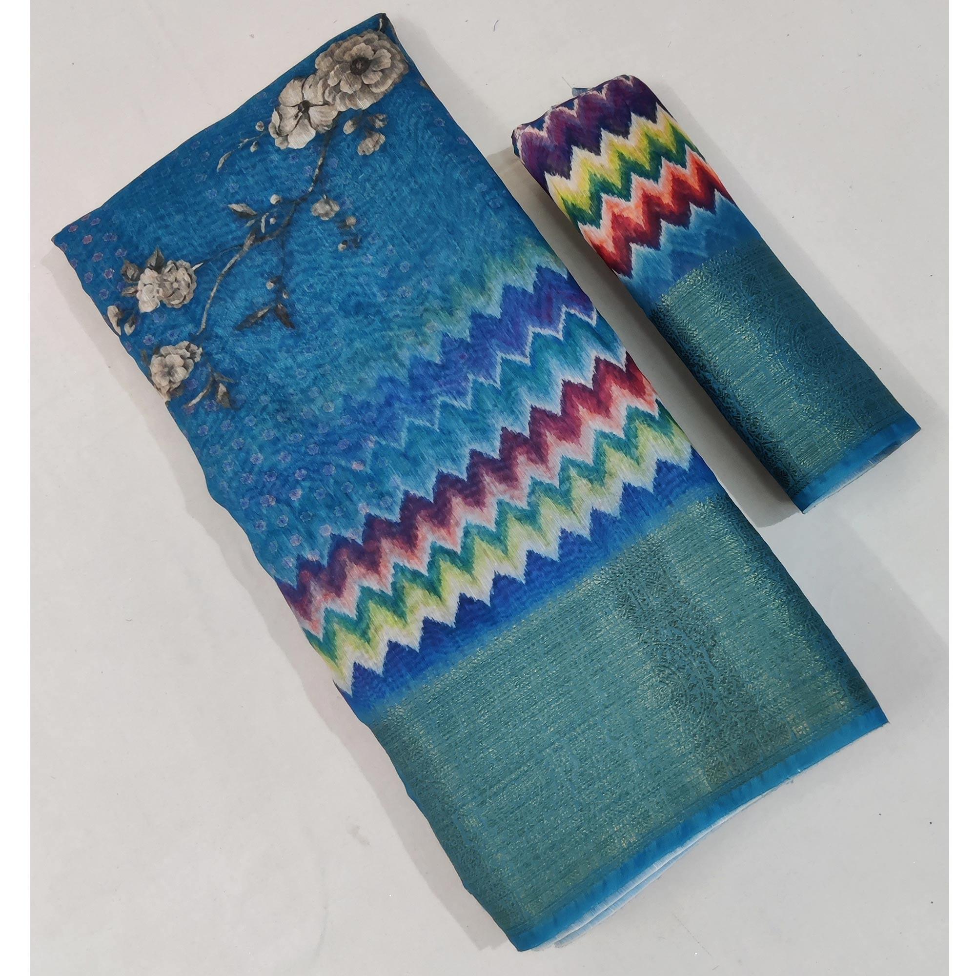 Sky Blue Casual Wear Floral Digital Print With Woven Border Linen Saree - Peachmode
