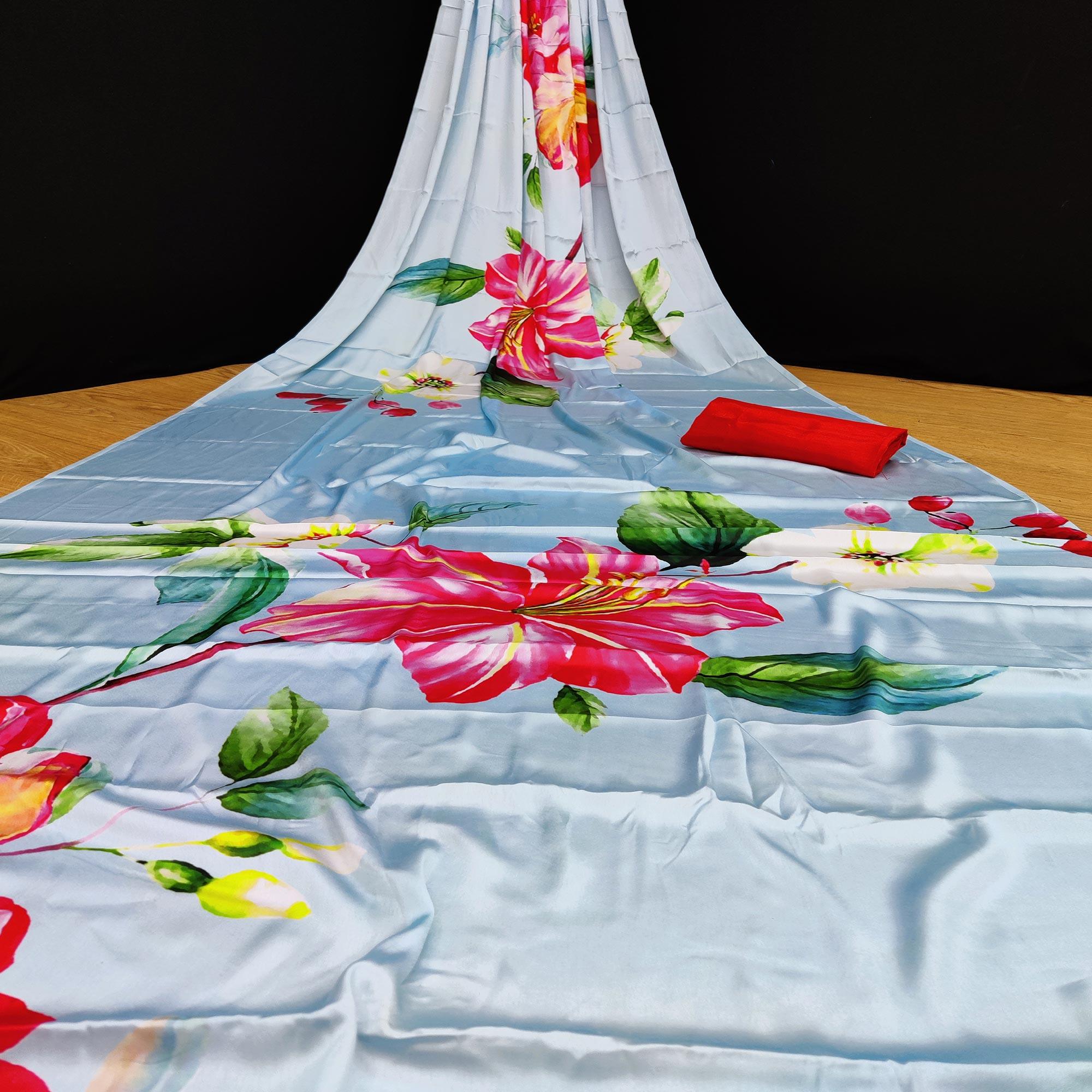Sky Blue Casual Wear Floral Digital Printed Satin Saree - Peachmode