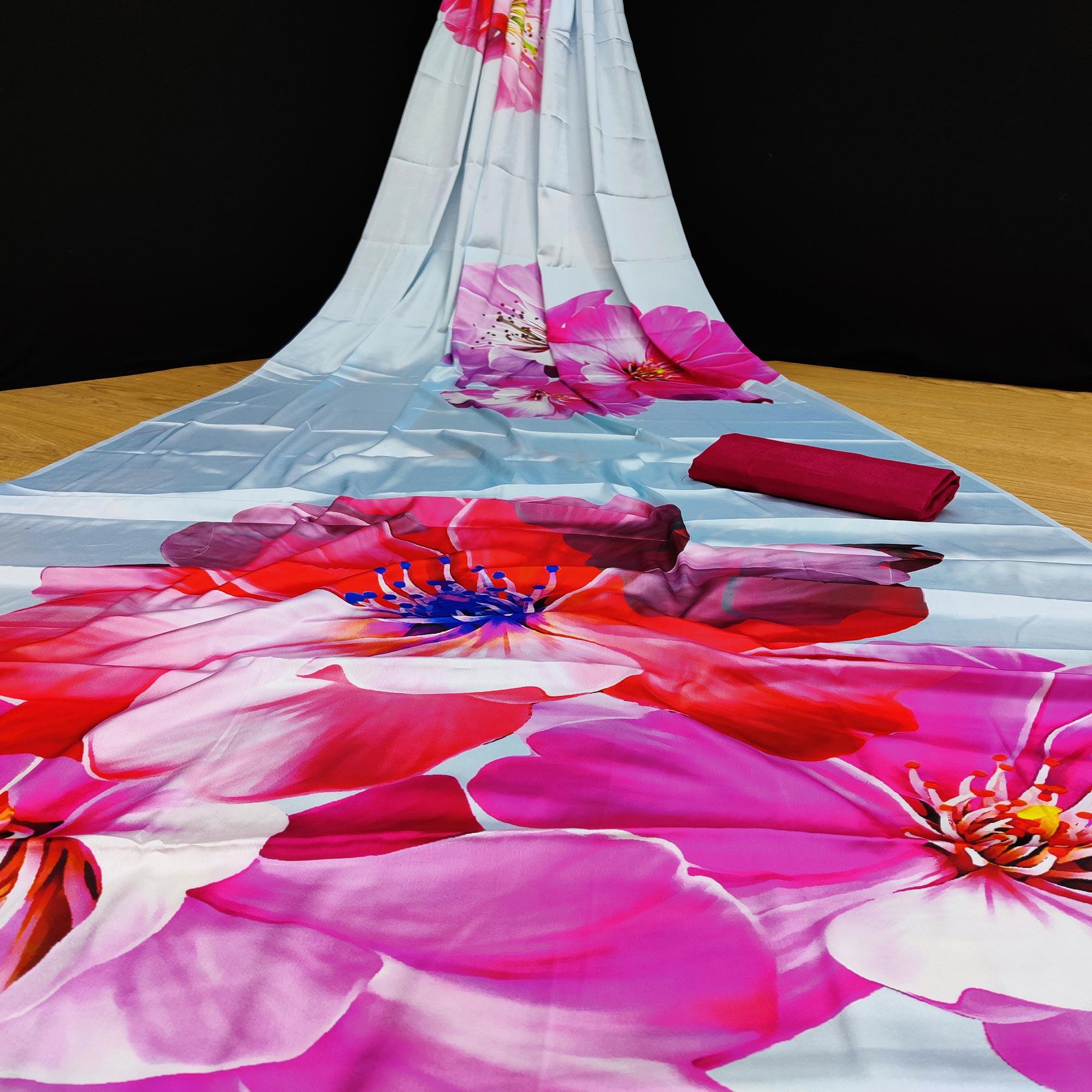 Sky Blue Casual Wear Floral Digital Printed Satin Saree - Peachmode