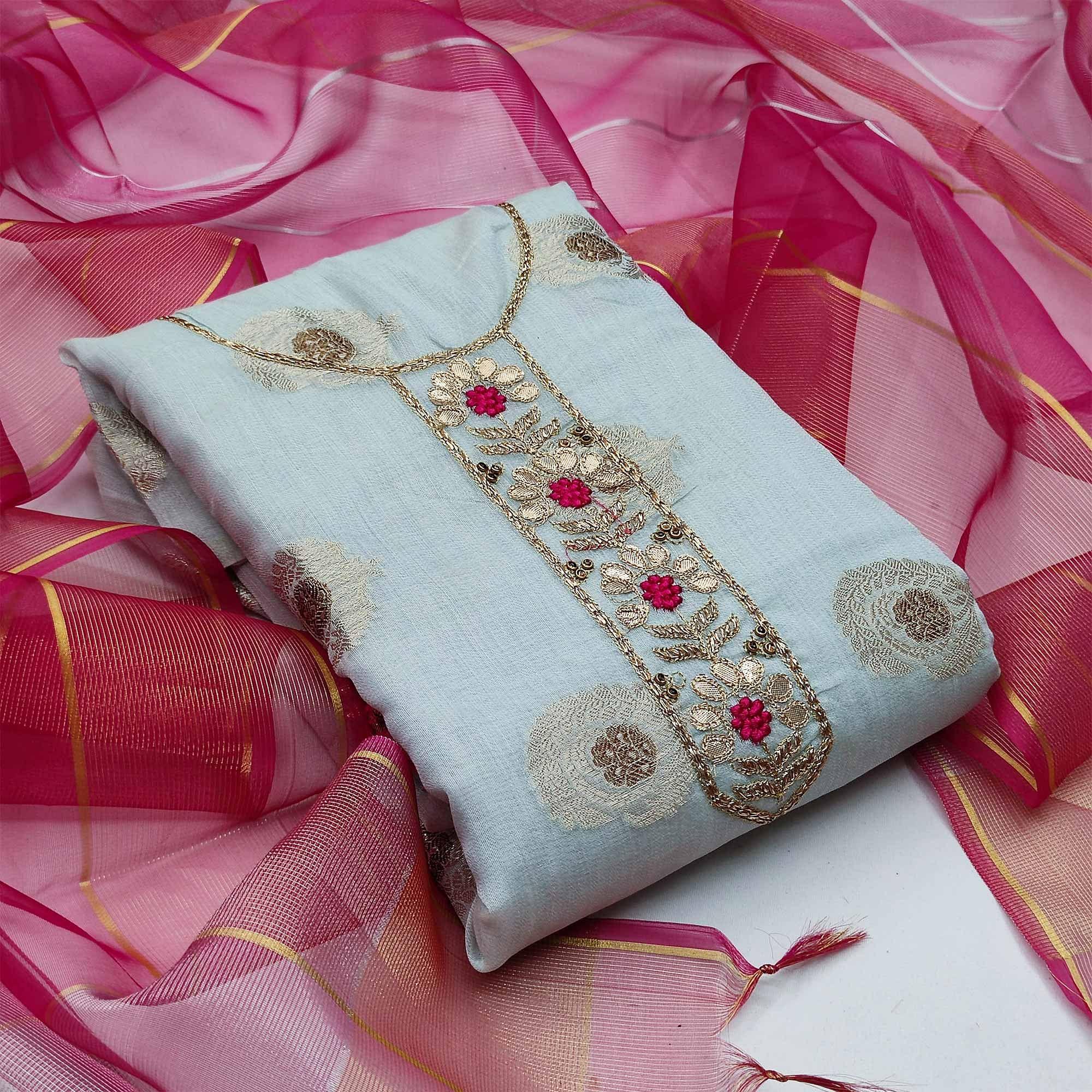 Sky Blue Casual Wear Floral Embroidery Modal Chanderi Jacquard Dress Material - Peachmode