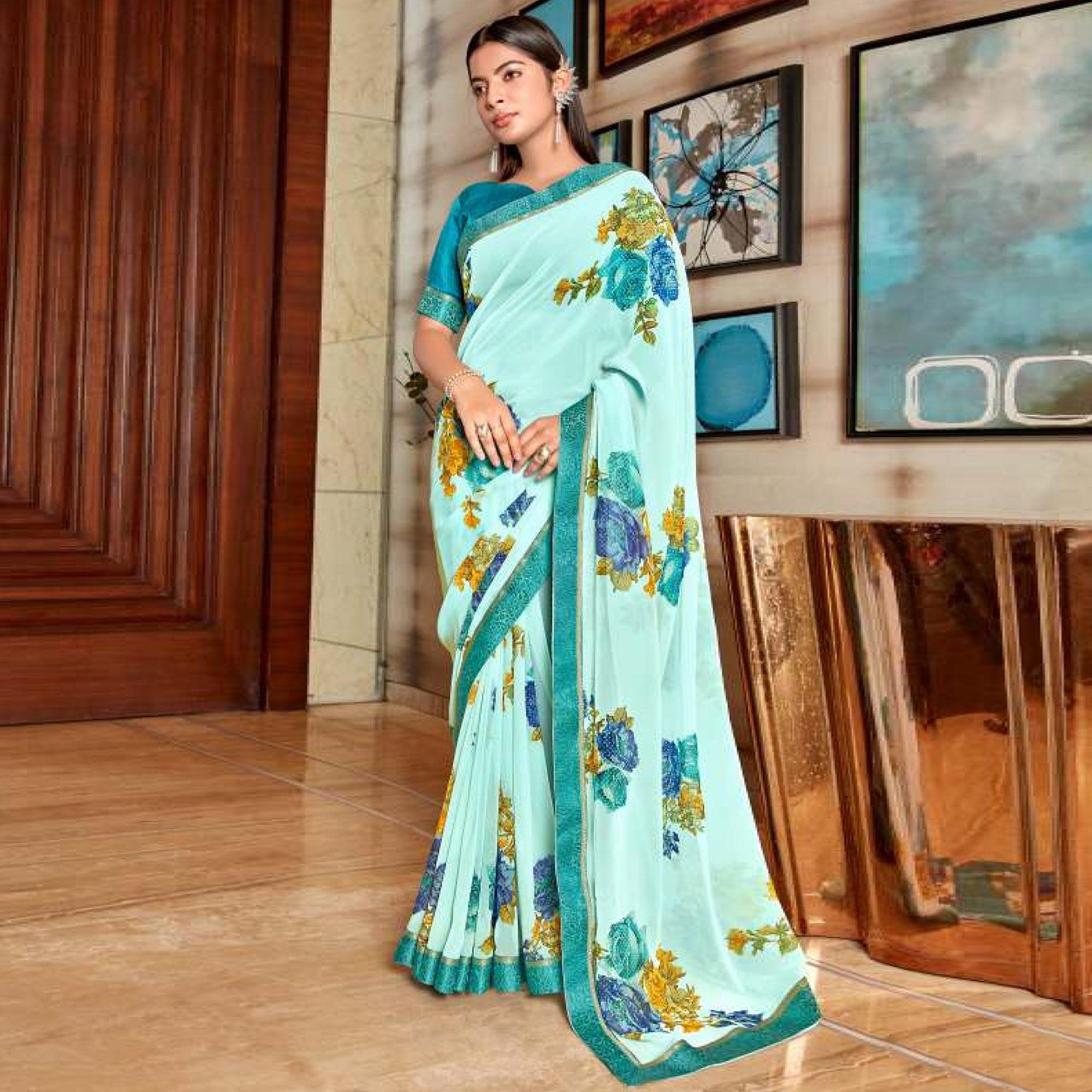Sky Blue Casual Wear Floral Foil Printed Pure Georgette Saree - Peachmode