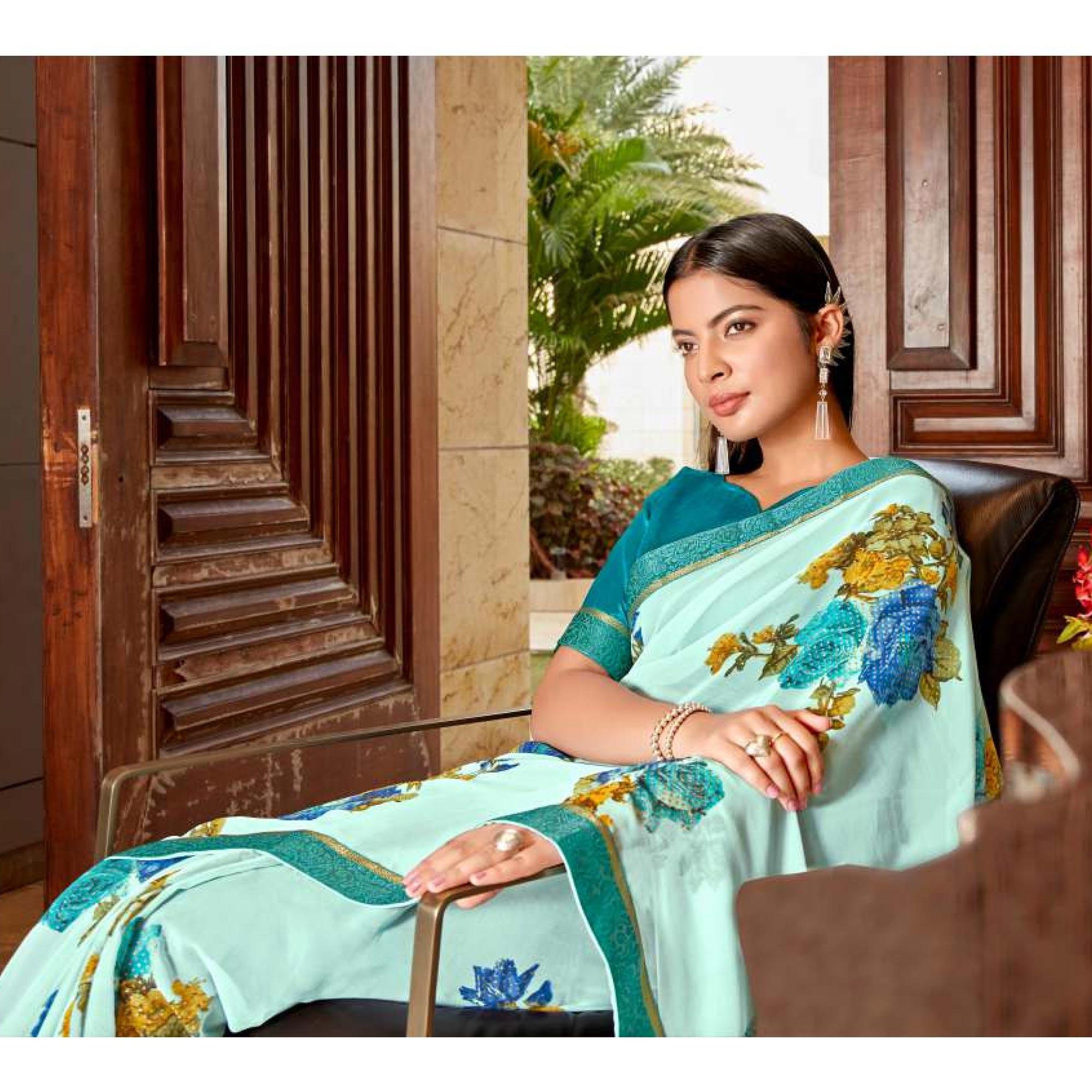 Sky Blue Casual Wear Floral Foil Printed Pure Georgette Saree - Peachmode