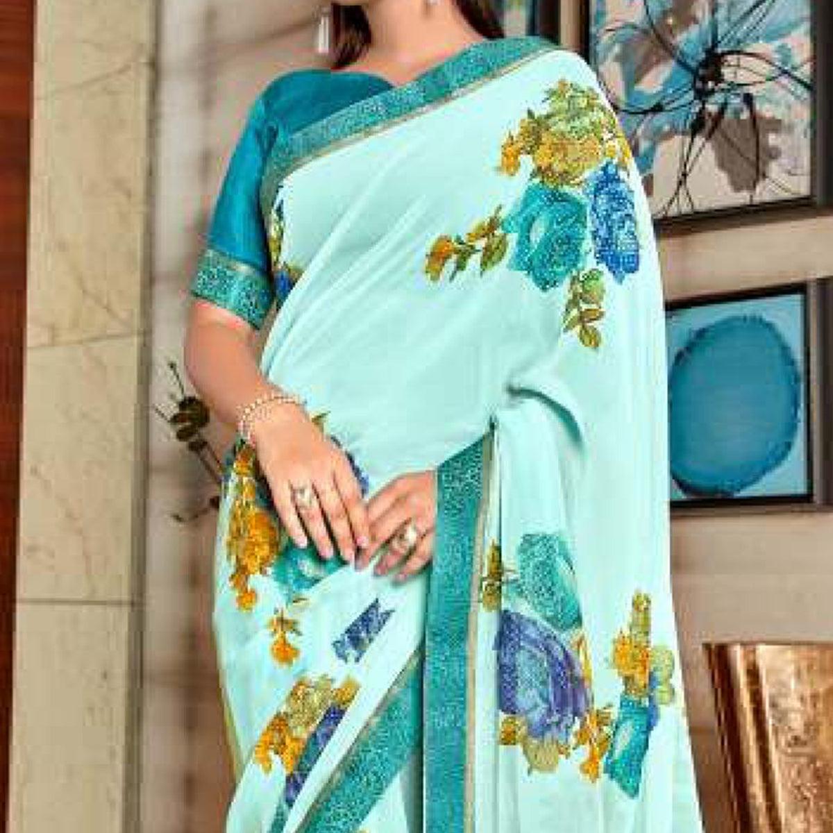 Sky Blue Casual Wear Floral Foil Printed Pure Georgette Saree - Peachmode