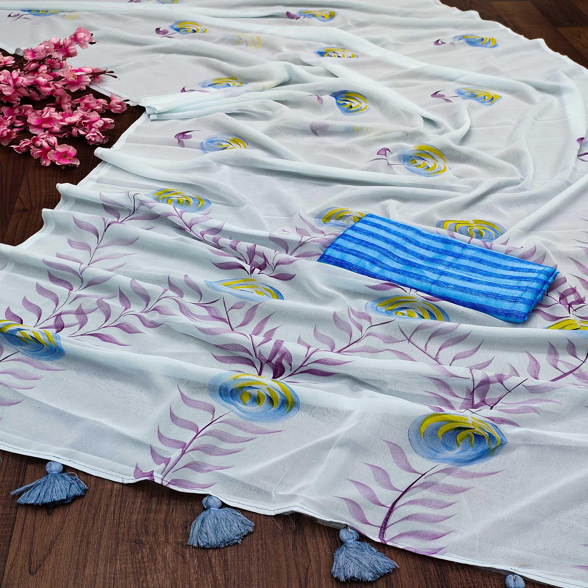 Sky Blue Casual Wear Floral Hand Printed Georgette Saree - Peachmode