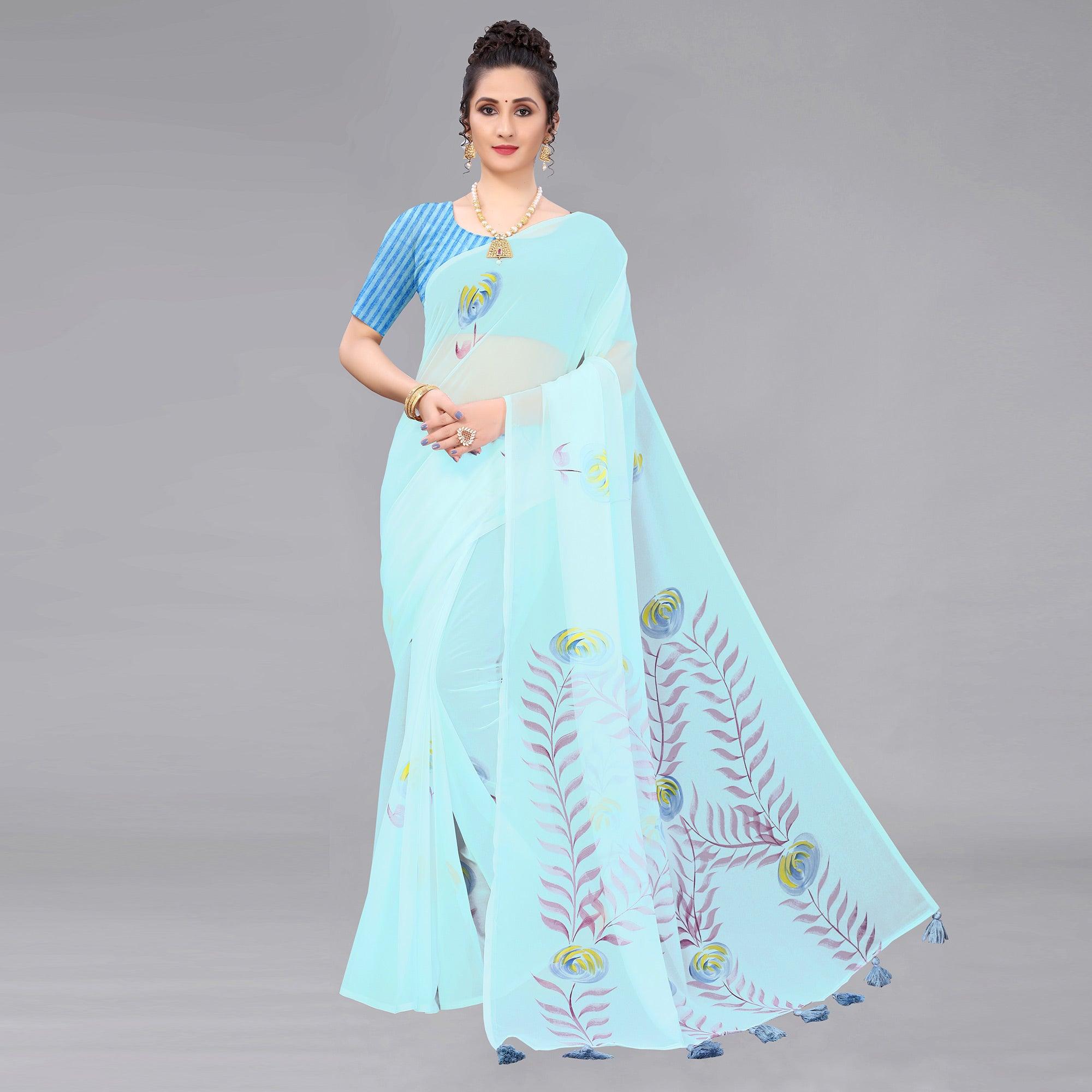 Sky Blue Casual Wear Floral Hand Printed Georgette Saree - Peachmode