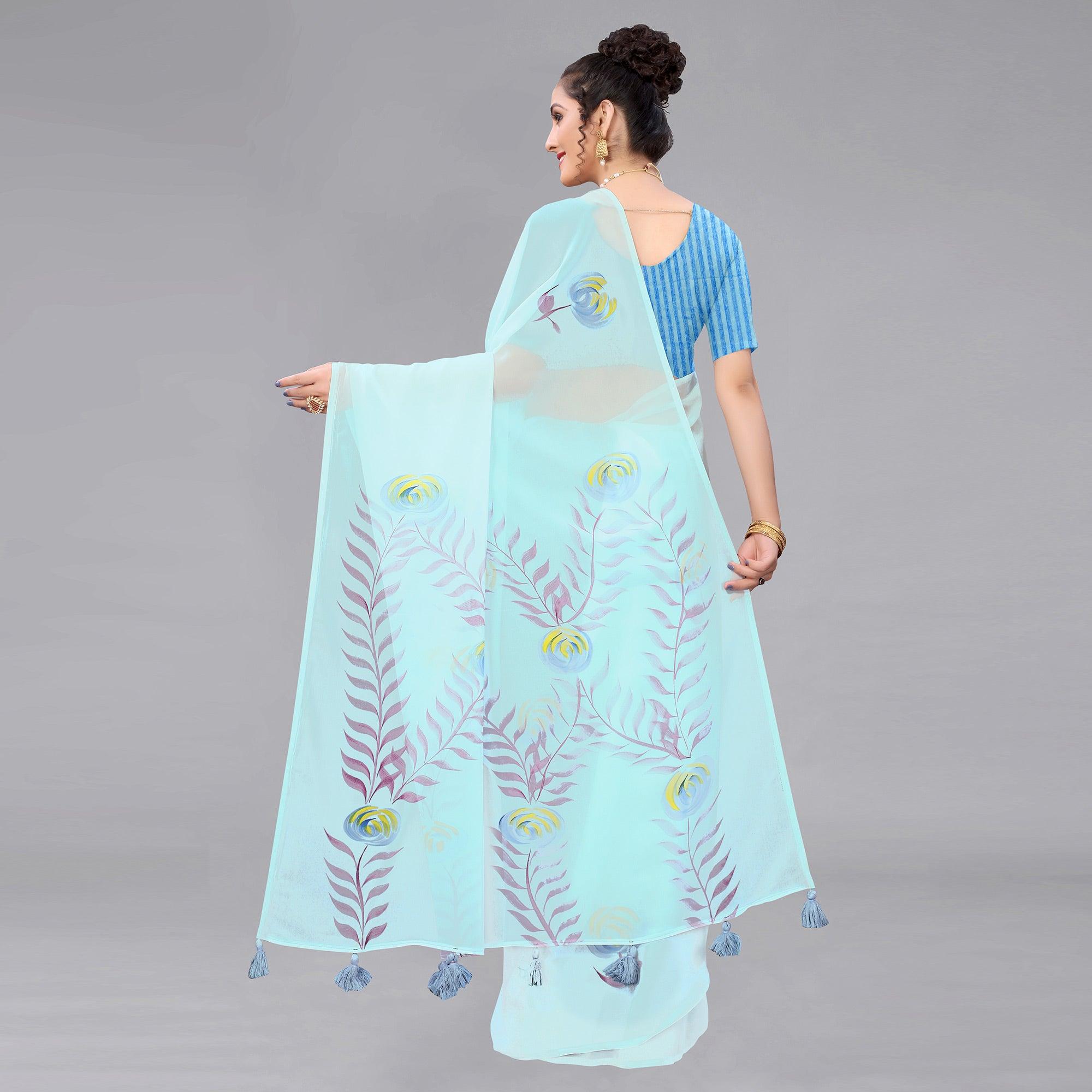 Sky Blue Casual Wear Floral Hand Printed Georgette Saree - Peachmode