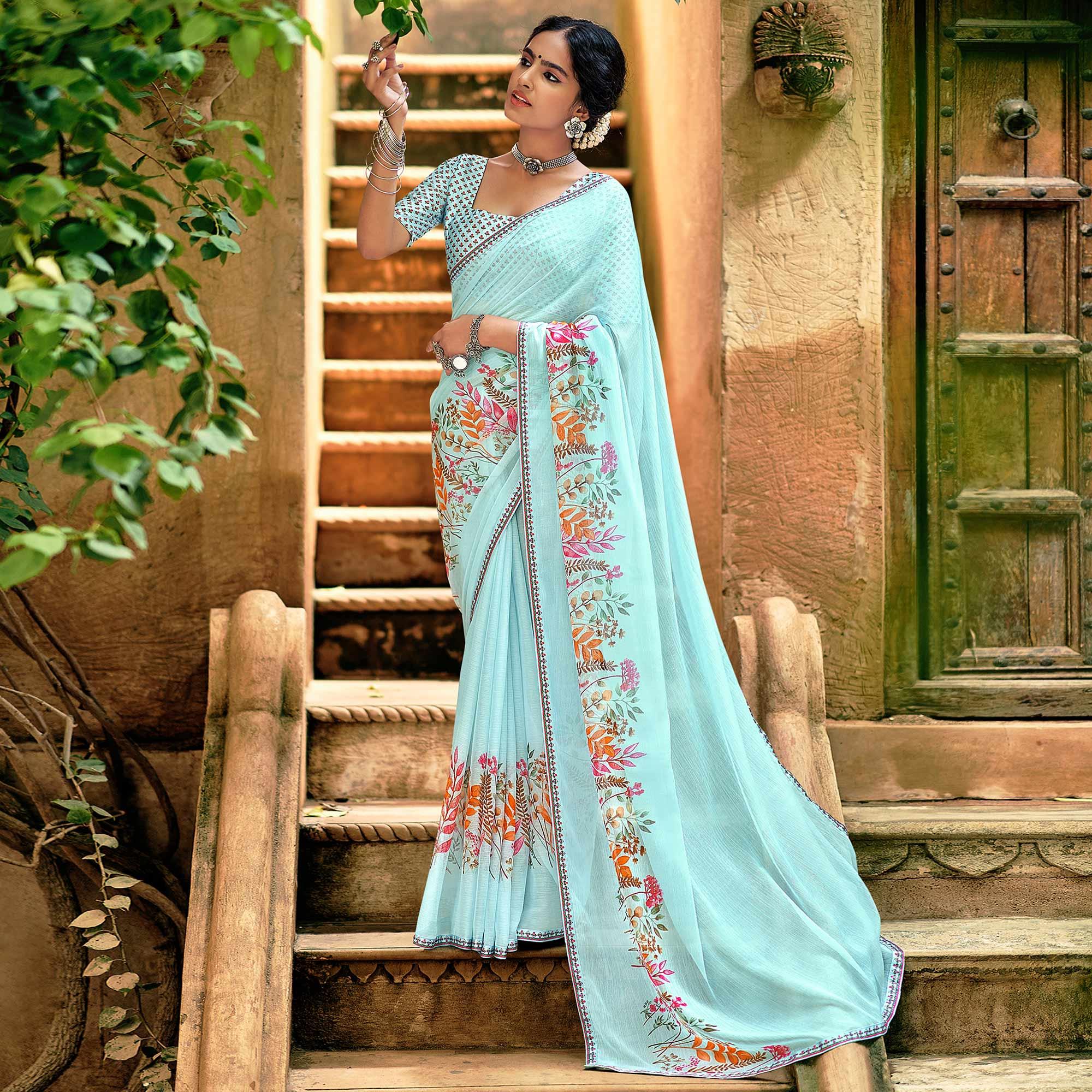 Sky Blue Casual Wear Floral Printed Chiffon Saree With Fancy Blouse - Peachmode