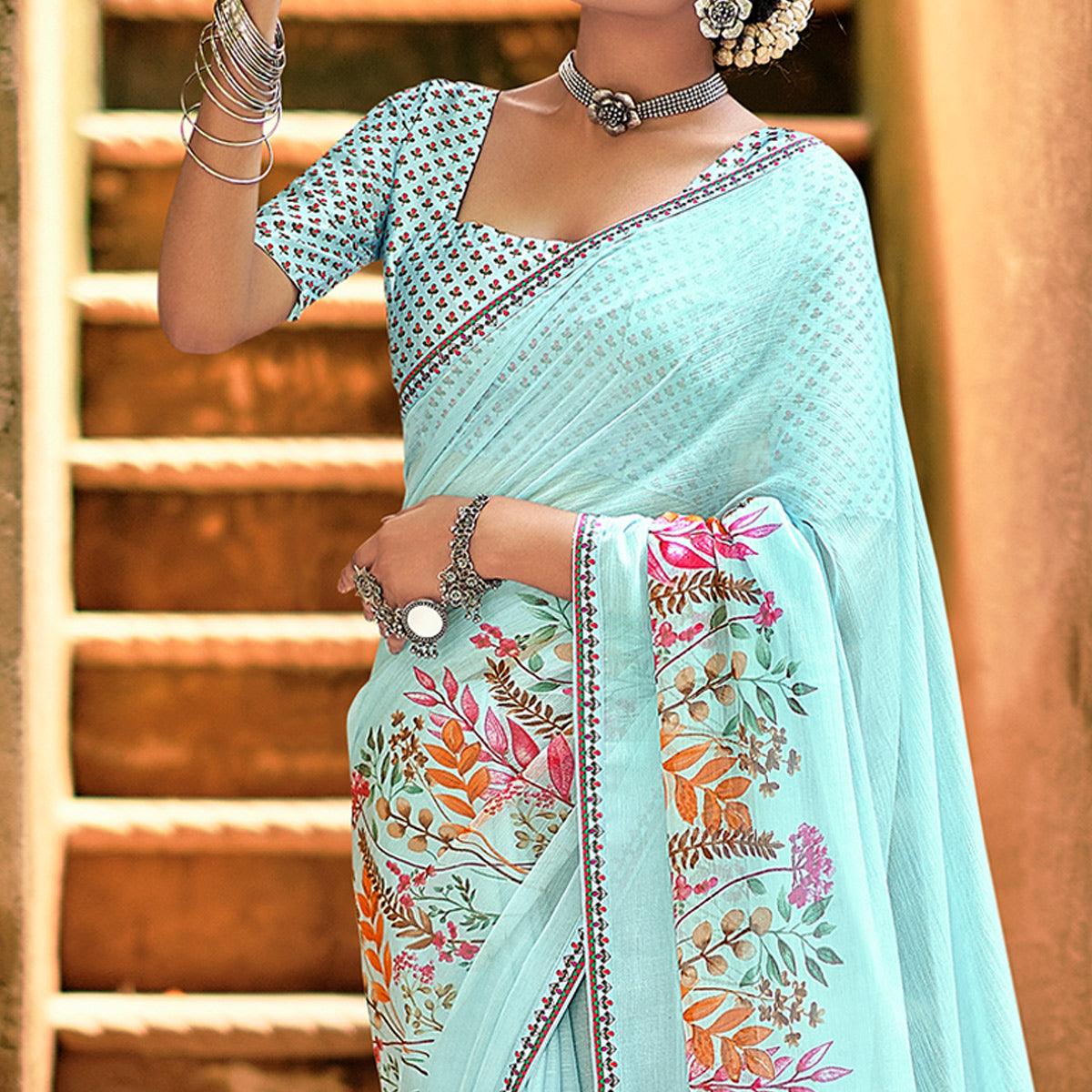 Sky Blue Casual Wear Floral Printed Chiffon Saree With Fancy Blouse - Peachmode