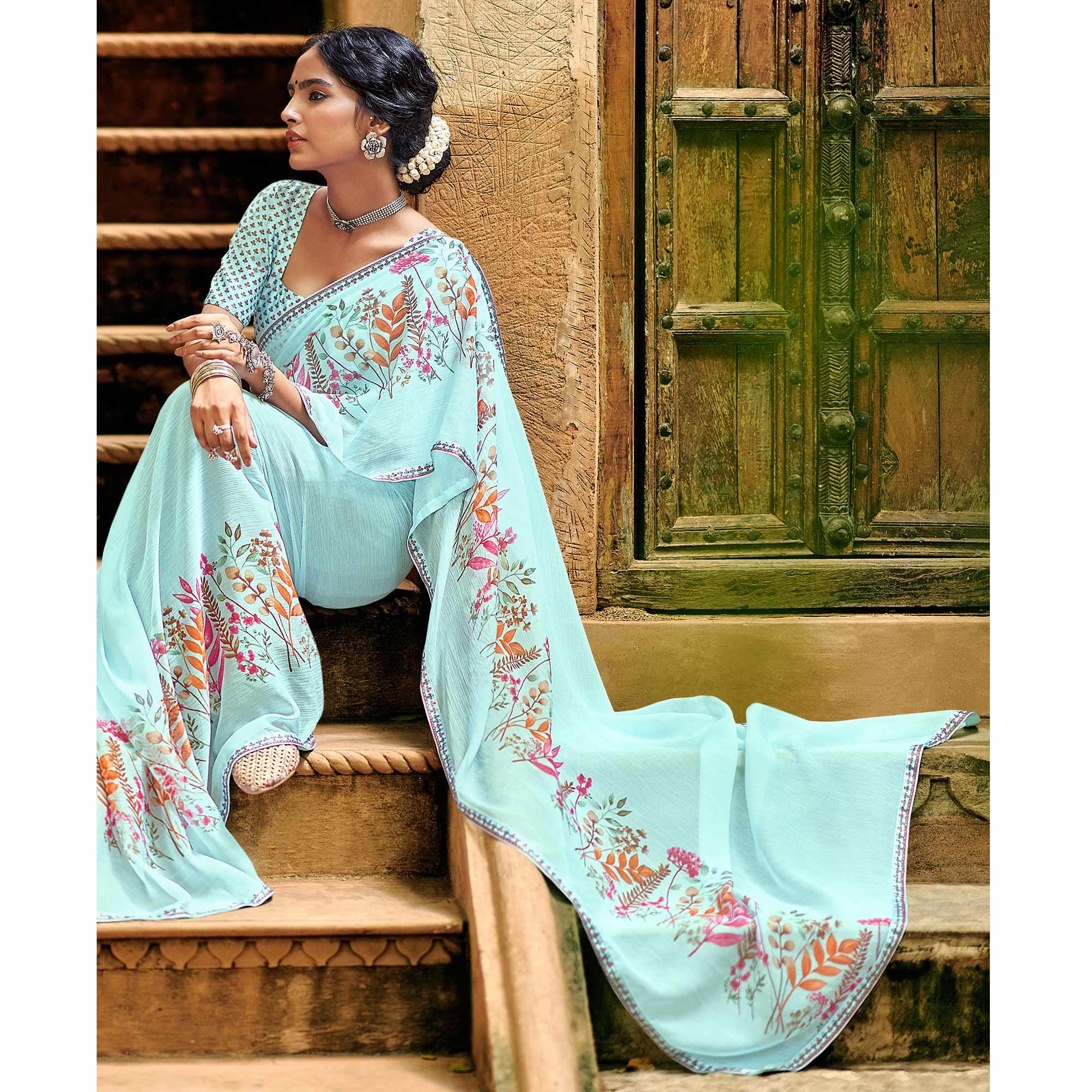 Sky Blue Casual Wear Floral Printed Chiffon Saree With Fancy Blouse - Peachmode