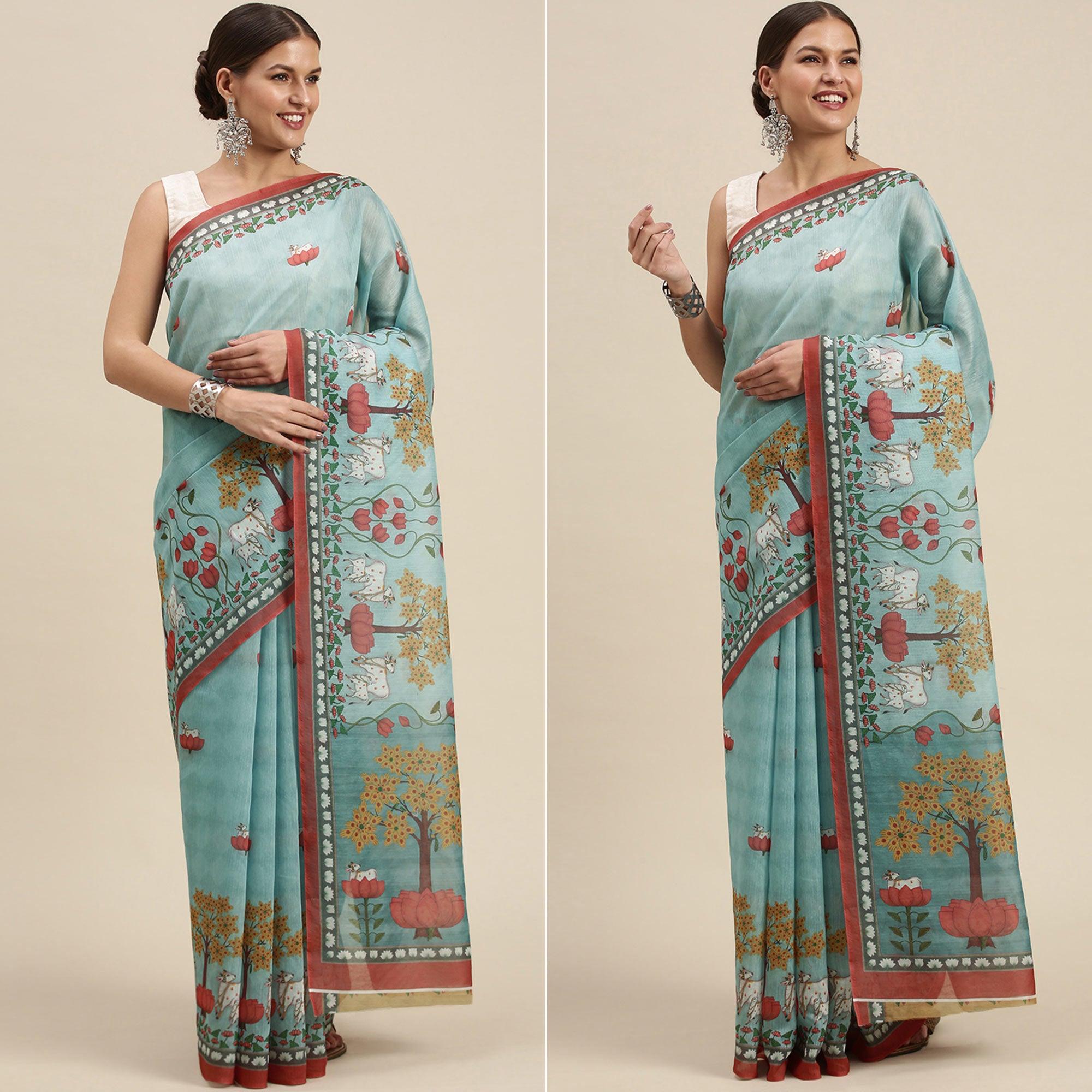 Sky Blue Casual Wear Floral Printed Cotton Saree - Peachmode