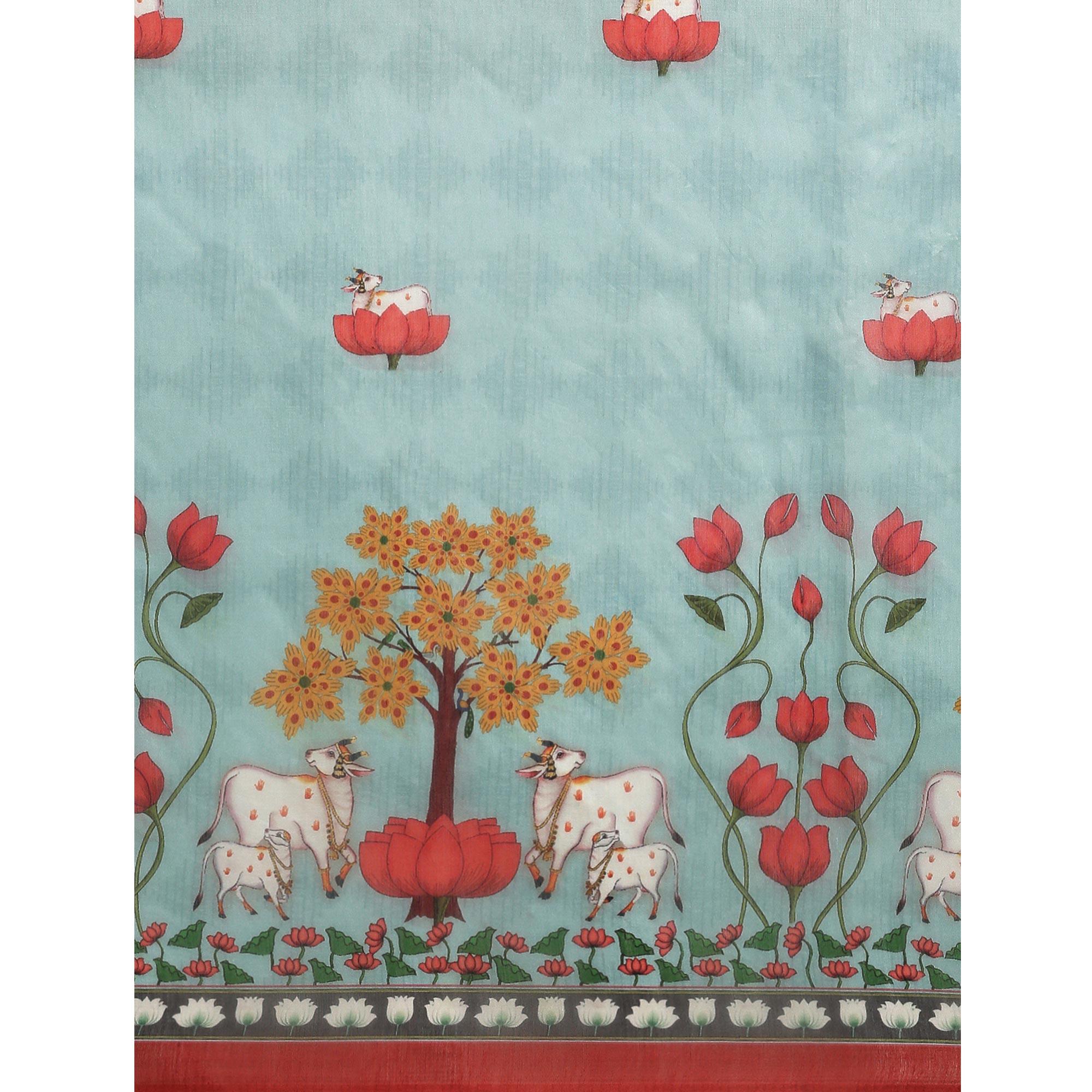 Sky Blue Casual Wear Floral Printed Cotton Saree - Peachmode
