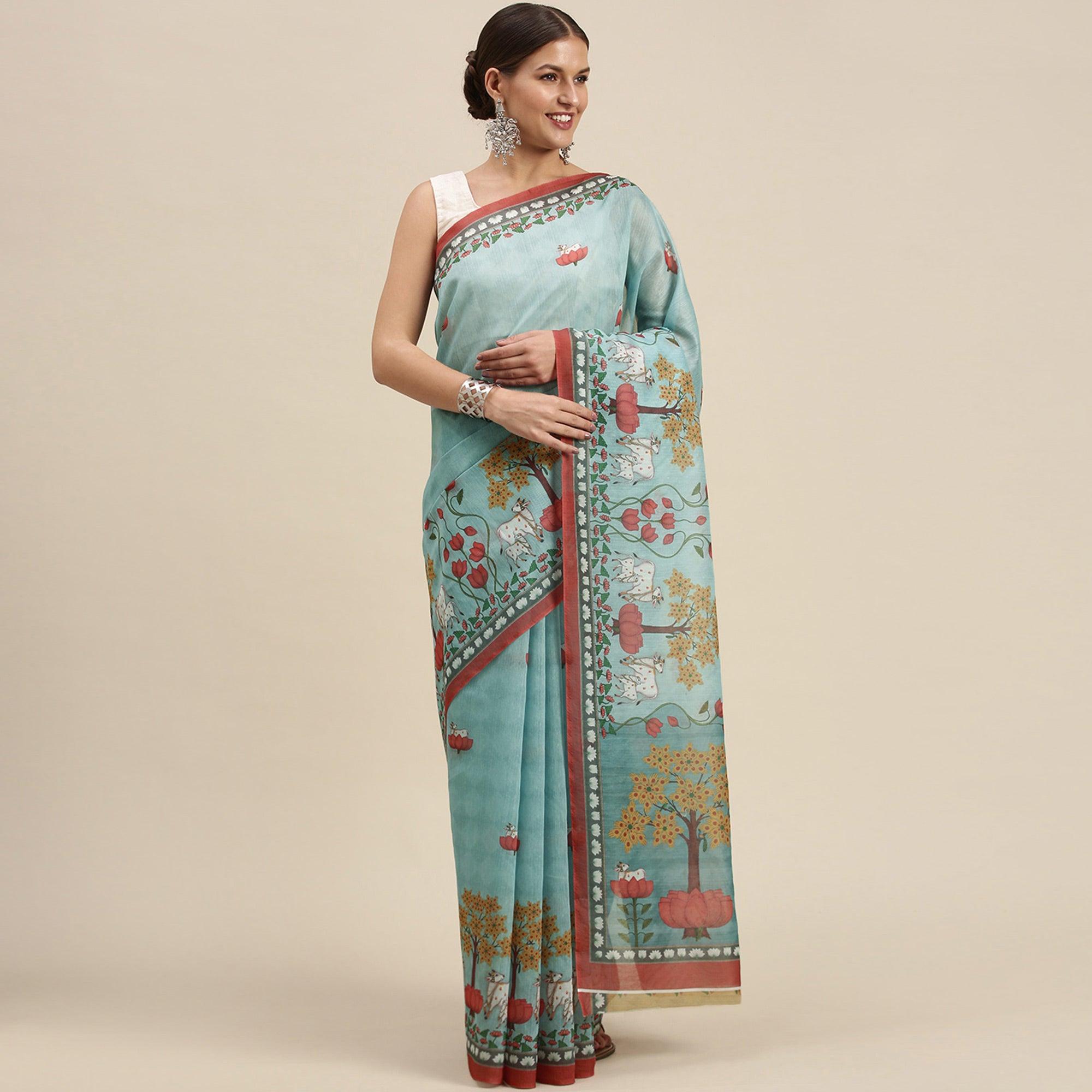 Sky Blue Casual Wear Floral Printed Cotton Saree - Peachmode