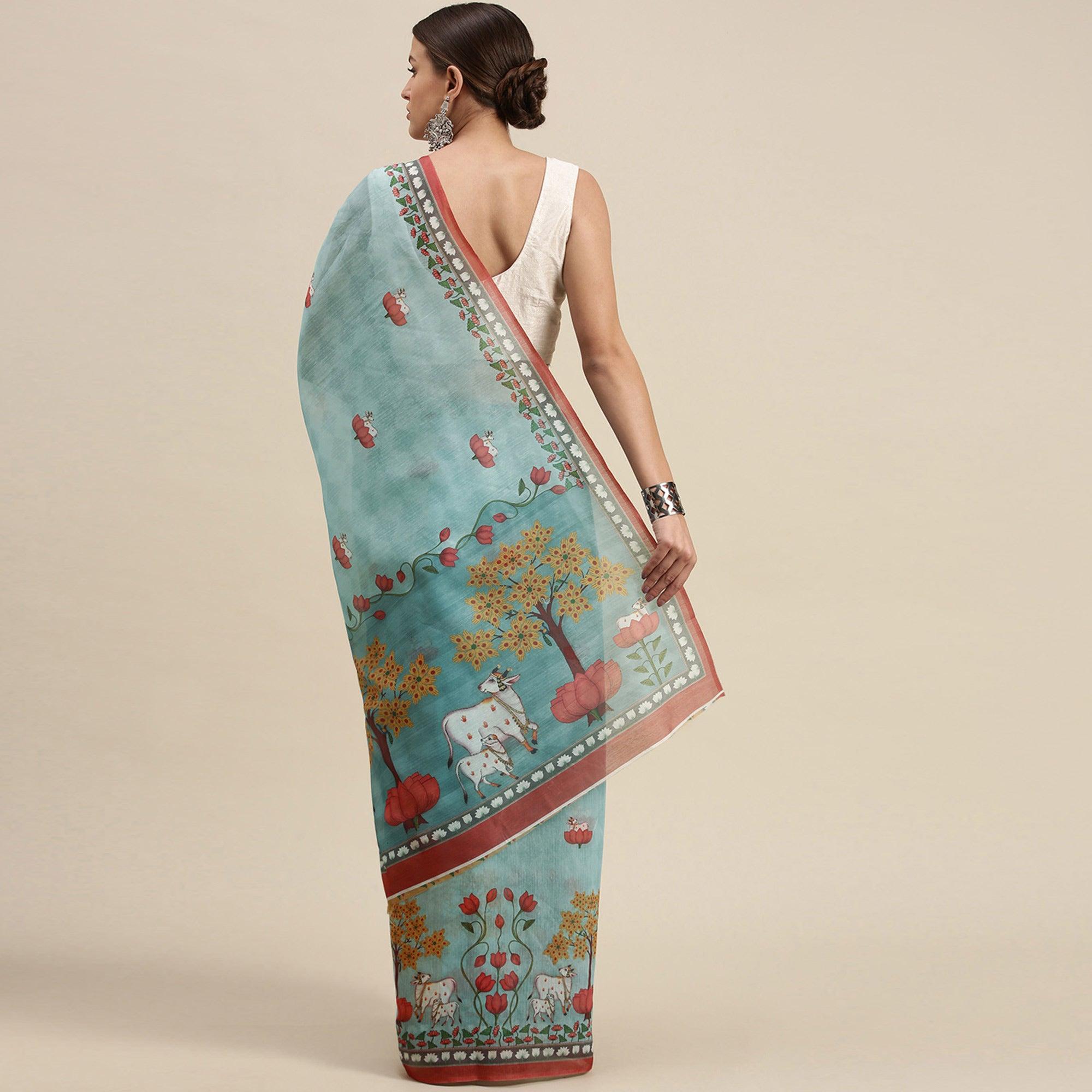 Sky Blue Casual Wear Floral Printed Cotton Saree - Peachmode