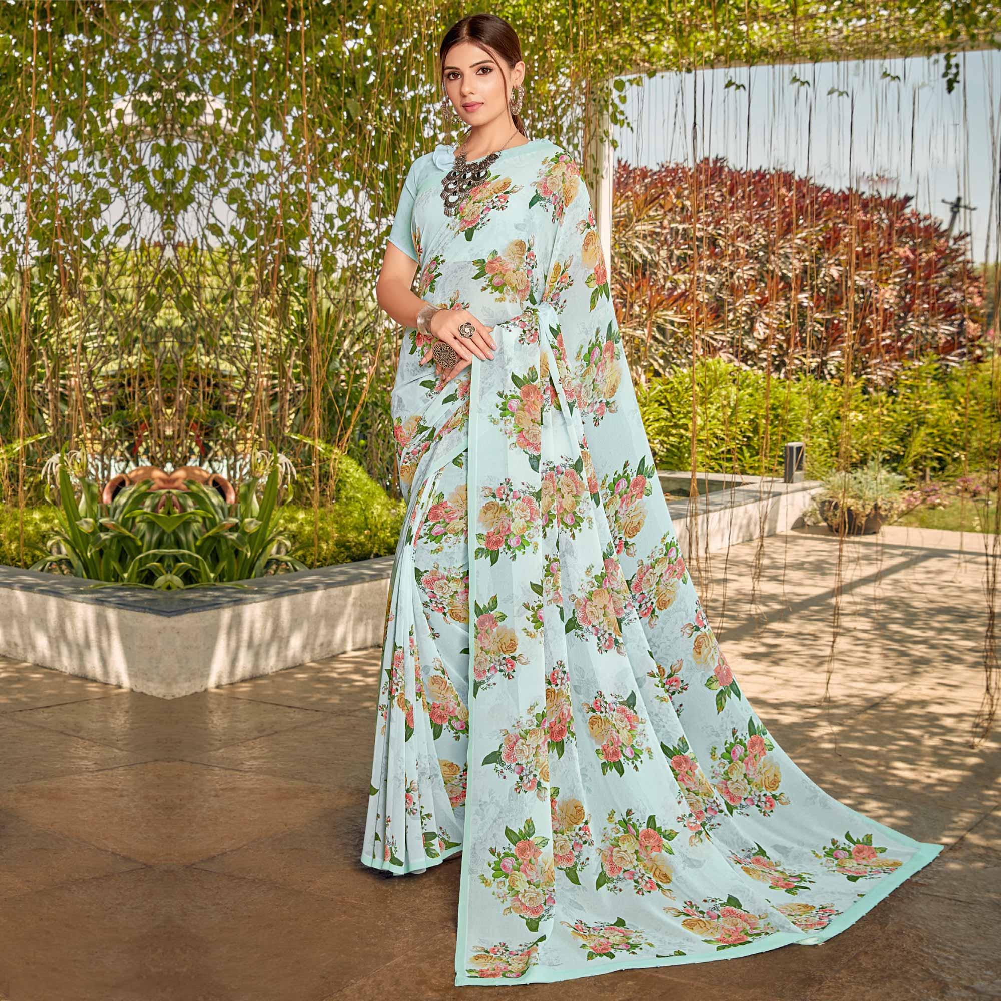 Sky Blue Casual Wear Floral Printed Georgette Saree - Peachmode