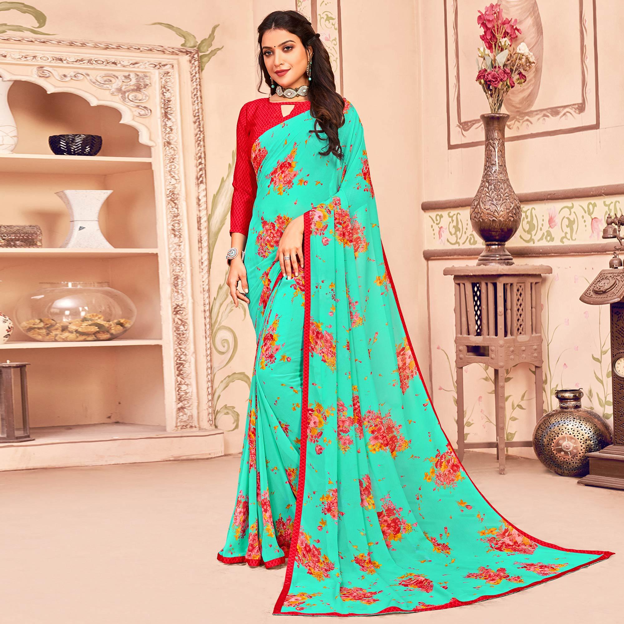 Sky Blue Casual Wear Floral Printed Georgette Saree - Peachmode