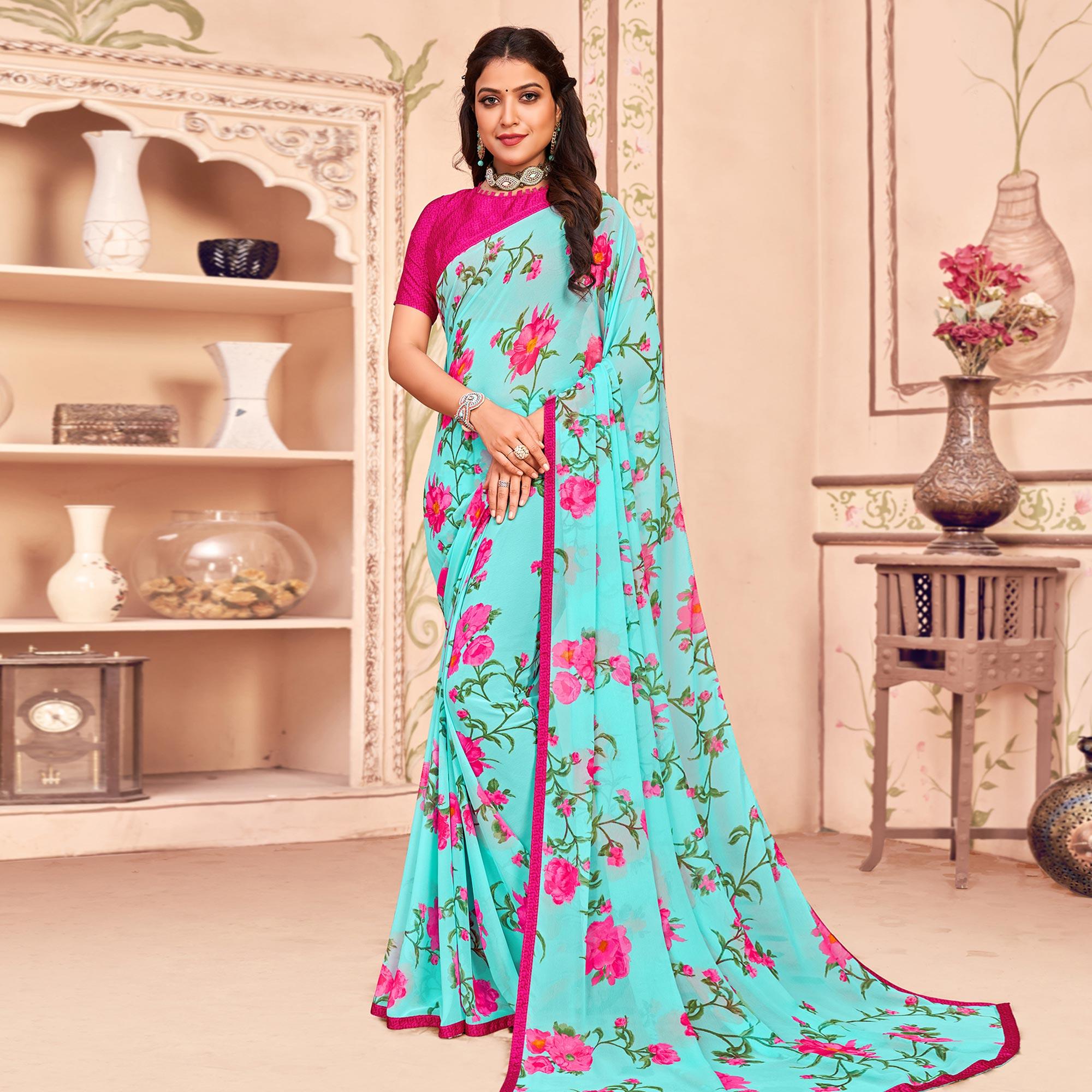 Sky Blue Casual Wear Floral Printed Georgette Saree - Peachmode
