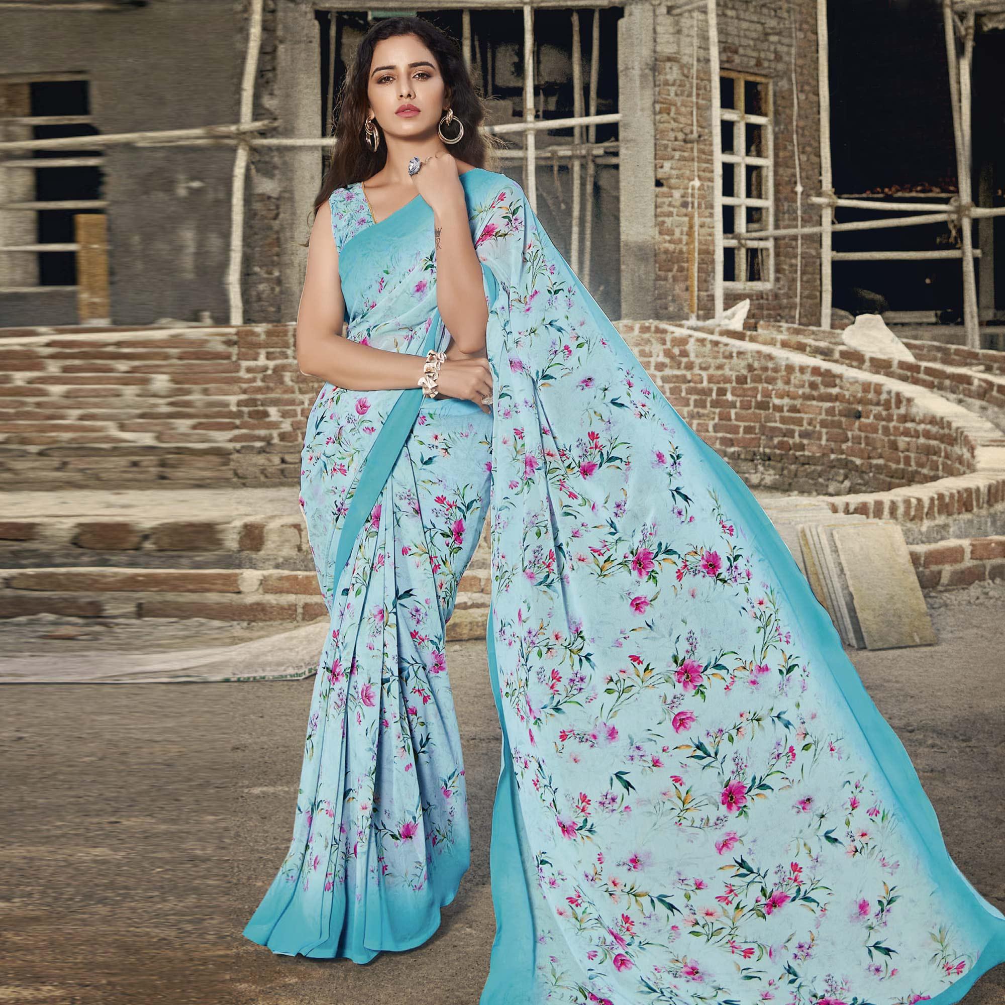 Sky Blue Casual Wear Floral Printed Georgette Saree - Peachmode