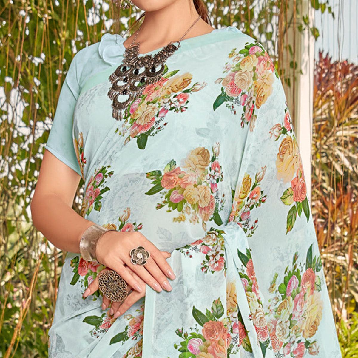 Sky Blue Casual Wear Floral Printed Georgette Saree - Peachmode